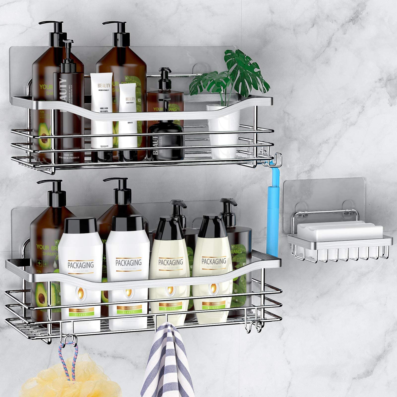 Orimade Shower Caddy Basket Soap Dish Holder Shelf With 5 Hooks Bathroom Organizer Shelf Kitchen Storage Rack Wall Mounted Adhes