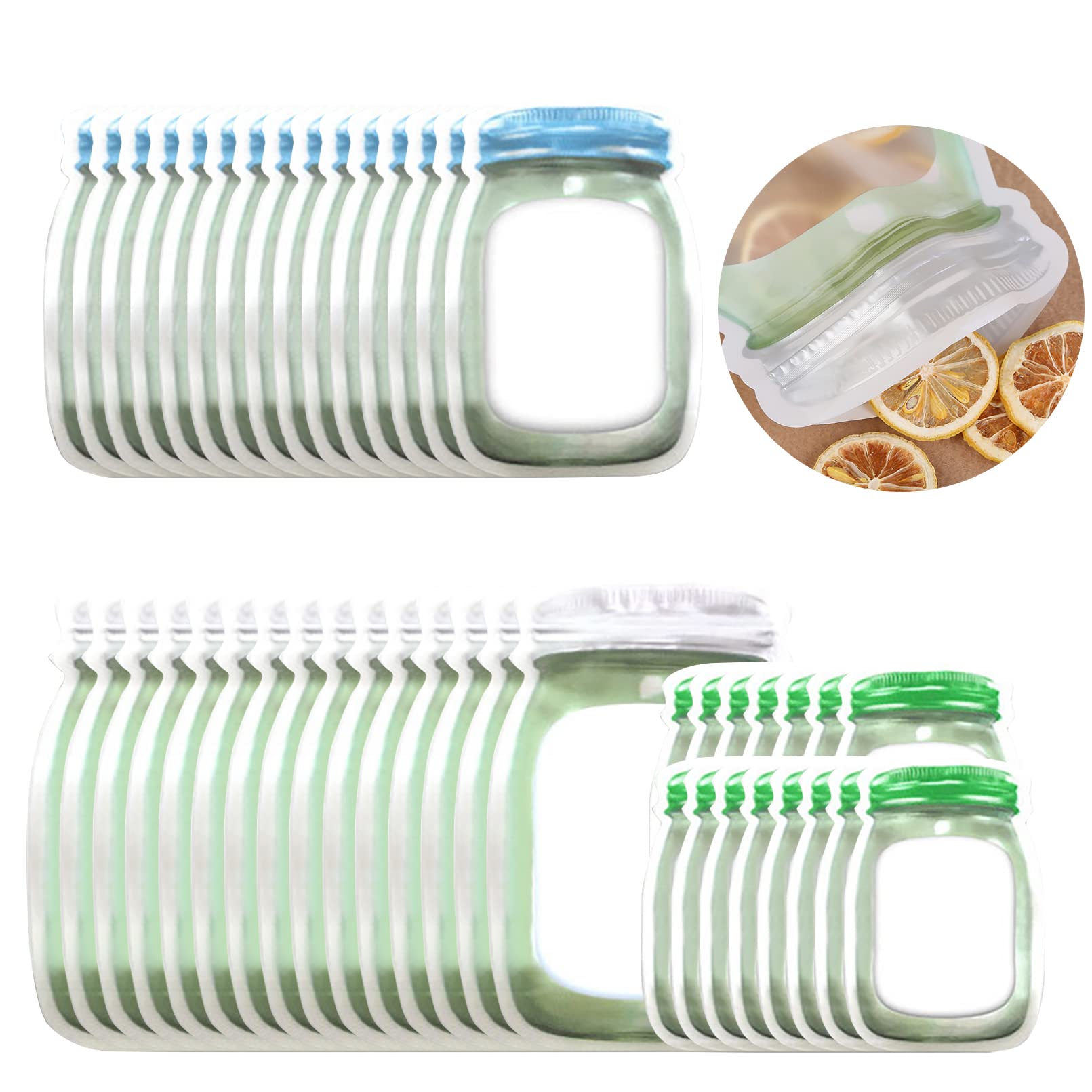 Enkrio 45 Pack Mason Bottle Shape Reusable Storage Bags Airtight Freezer Bags Seal Snack Bag For Food Travel Home Organization (