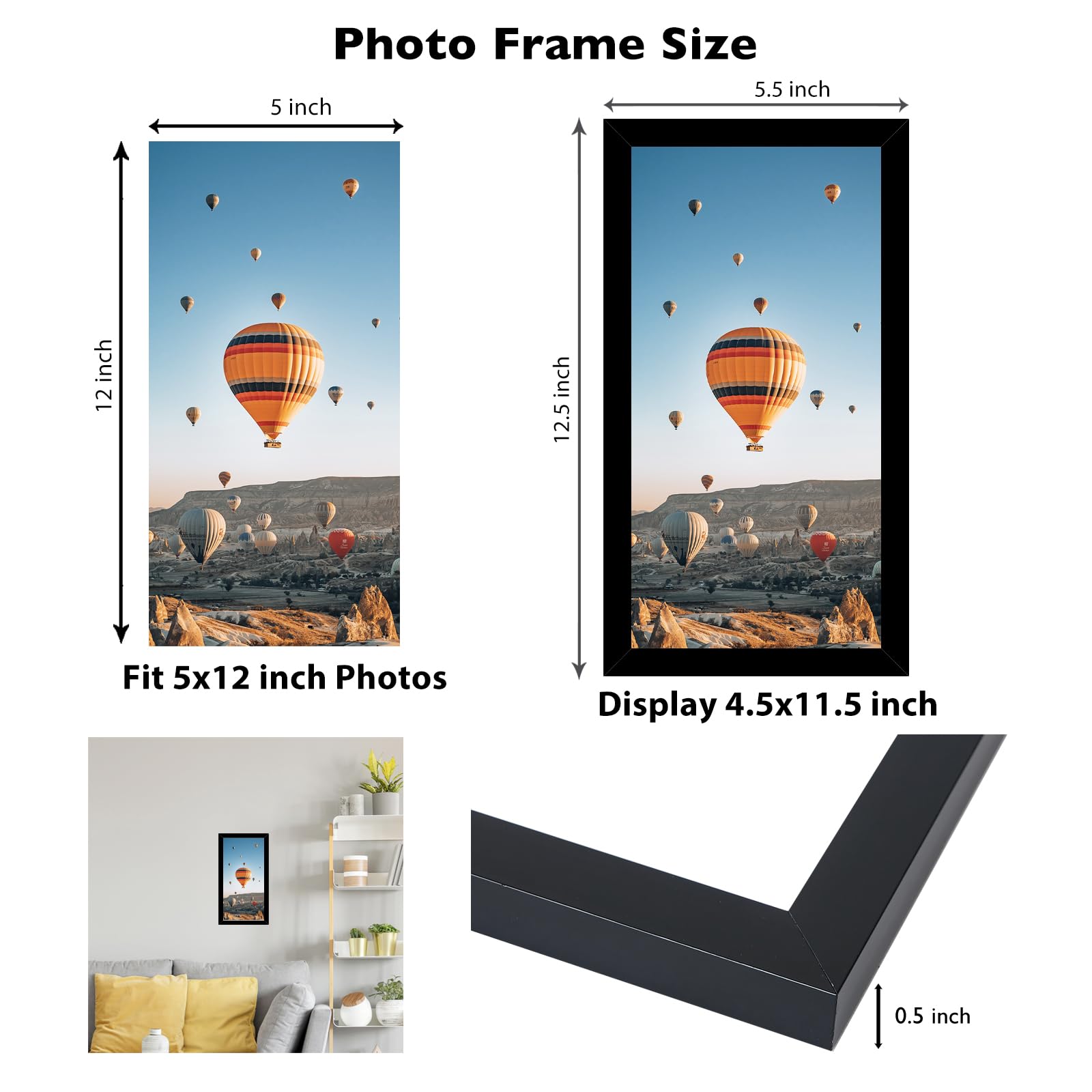JCJMY 5x12 Picture Frame Black for Wall Hanging or Tabletop, Wall Mounting Horizontally or Vertically, 5 x 12 Wall Gallery Poste