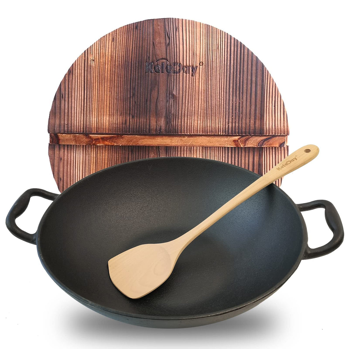 Keleday 14 Inch Cast Iron Wok With Lid, Non Stick, Pre-Seasoned Woks & Stir-Fry Pans With 2 Loop Handles, Uncoated Chinese Handm