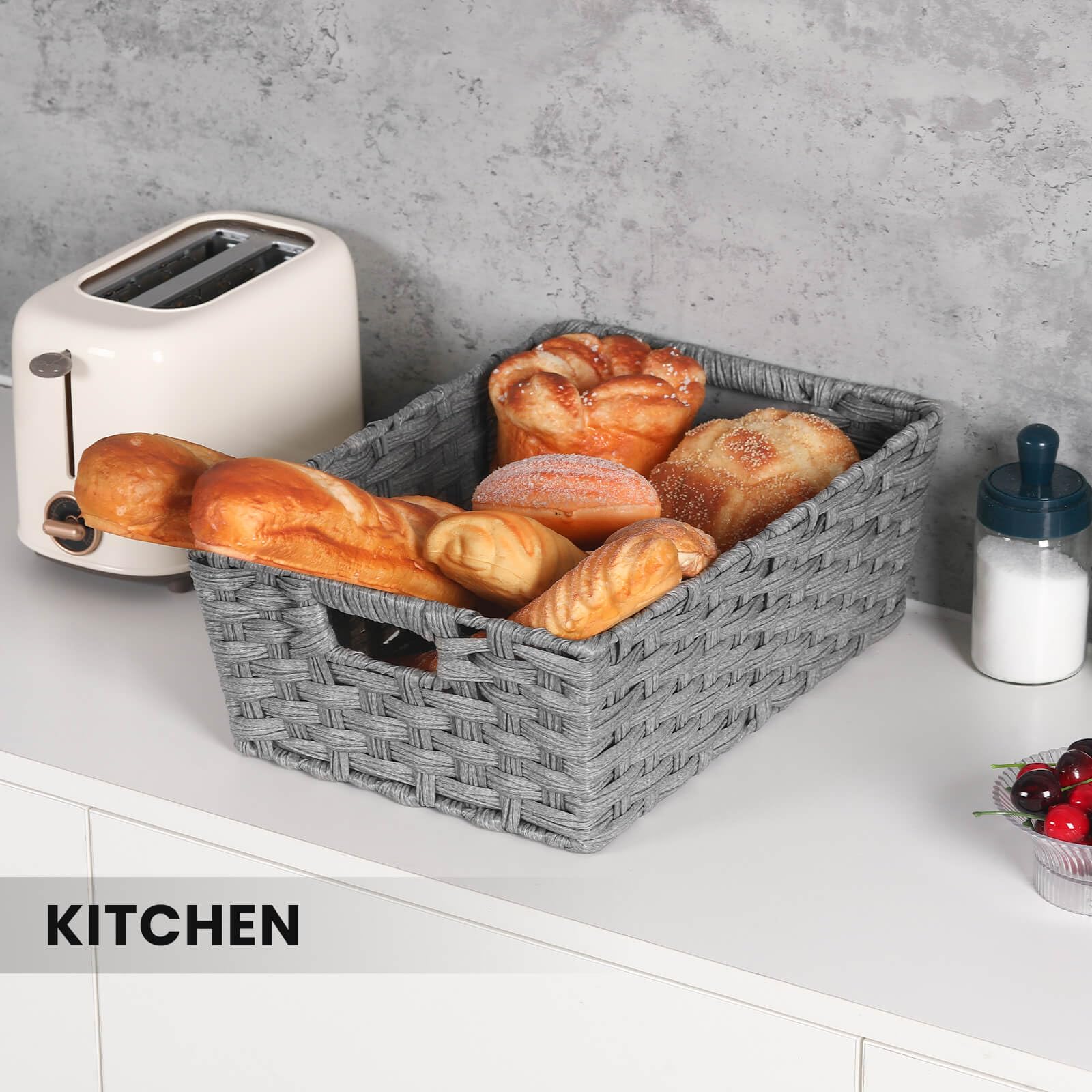 Onlytak Large Wicker Storage Basket, Metal Frame, Set Of 2, Washable Waterproof, 15'' X 10.3'' X 5.2'', Grey Color, Woven Basket