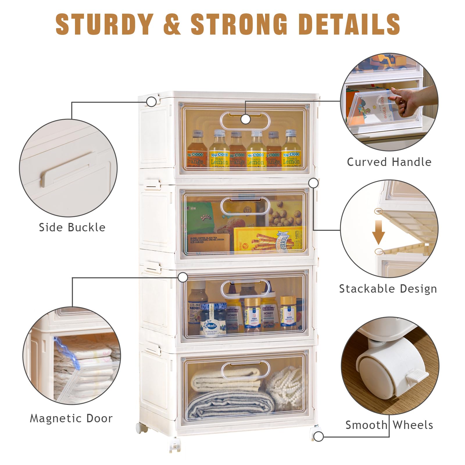 4 Tier Stackable Storage Bins, 23Qt Storage Containers, Clear Plastic Storage Bins With Magnetic Doors, Large Collapsible Storag
