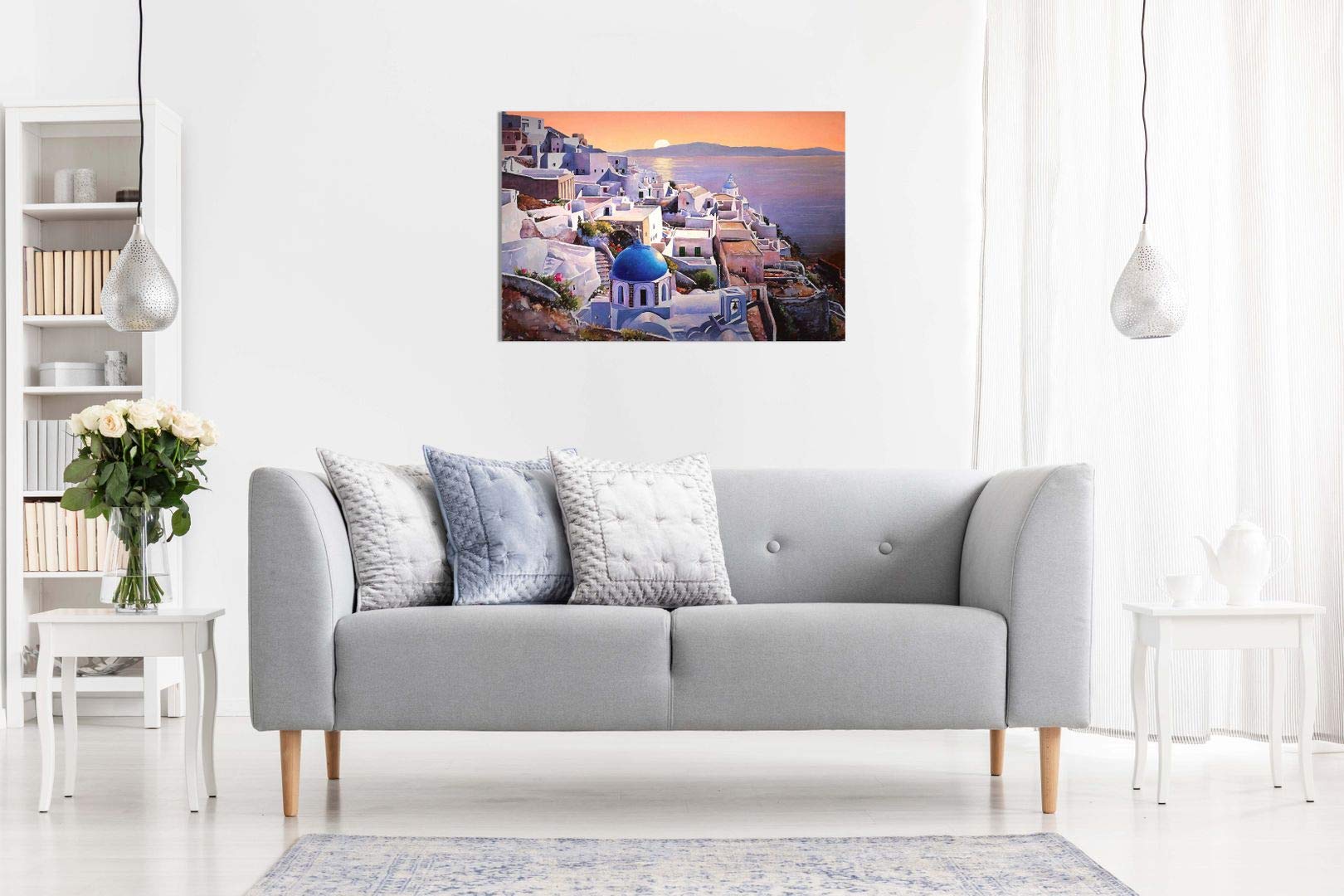 Santorini Greece At Sunset Canvas Wall Art Picture Print (12X8In)