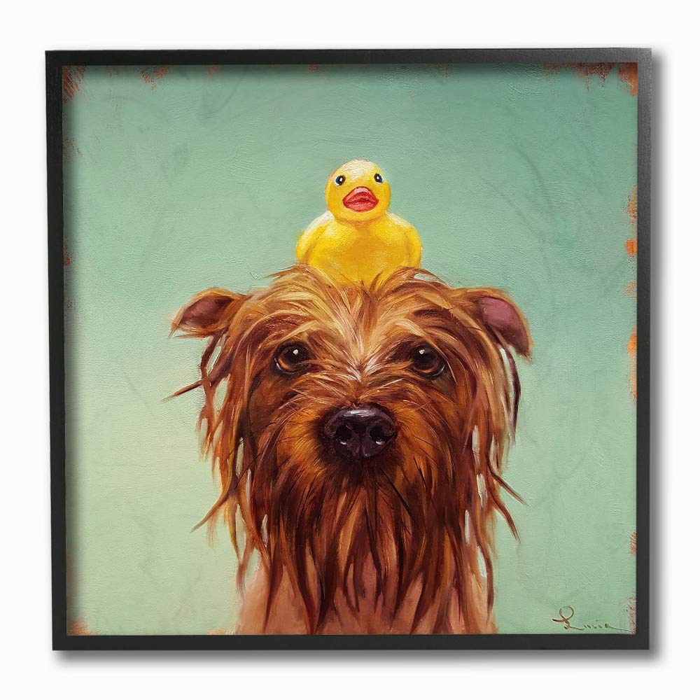 Stupell Industries Wet Dog With A Rubber Ducky Turquoise Bath Painting Black Framed Wall Art, 12 X 12, Multi-Color
