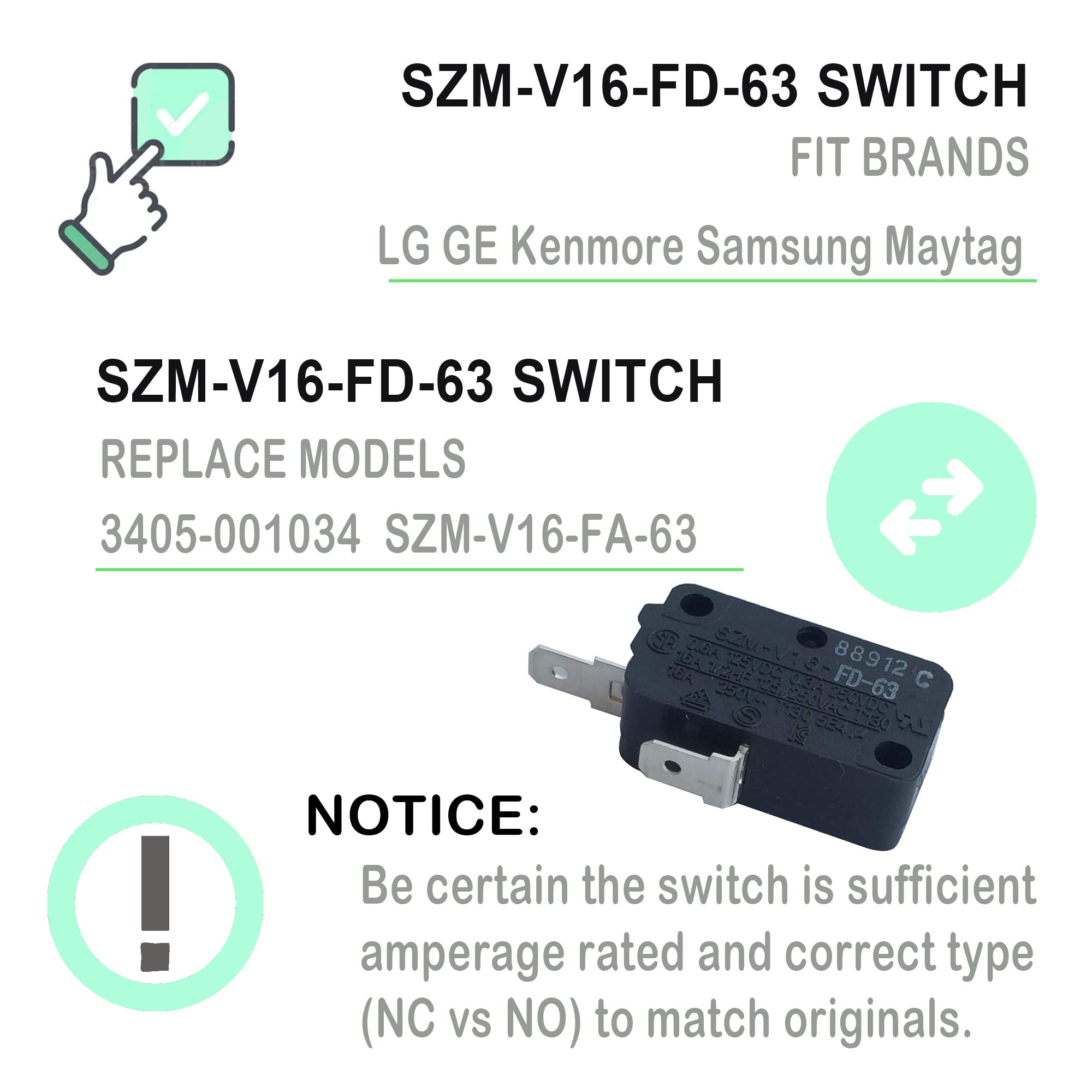 LONYE 3405-001034 Microwave Door Switch Replacement for Samsung LG GE Kenmore Microwave SZM-V16-FD-63 3405-000178 AP4044834 (Normally Open)(Pack of 2)