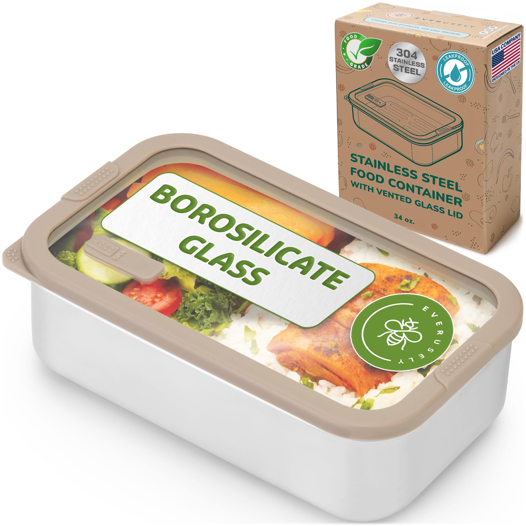 Microwavable Stainless Steel Food Container, Clear Glass Lid, 34 oz / 1 L
