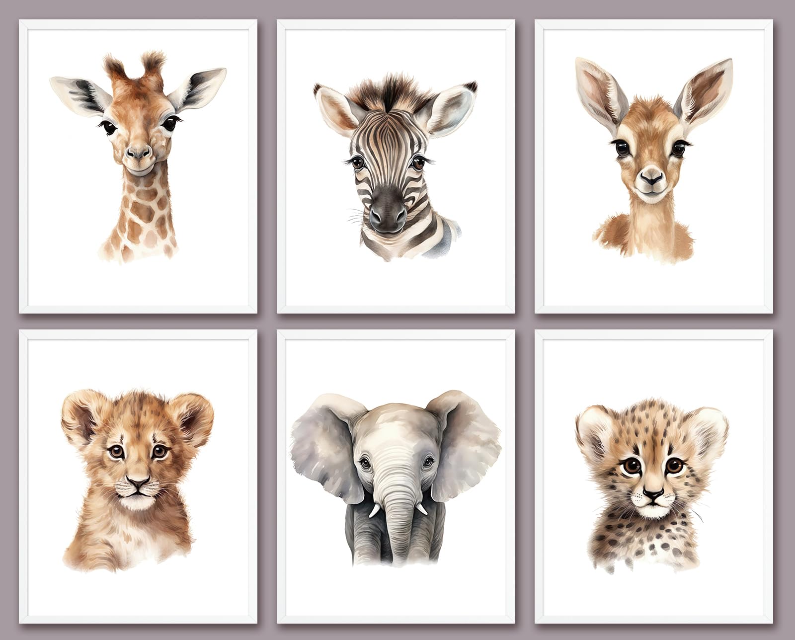 6 Pcs Cartoon Animals Wall Art Nursery Decor Cute Elephant Giraffe Leopard Zebra Deer Inspirational Wall Decor Unframed Posters