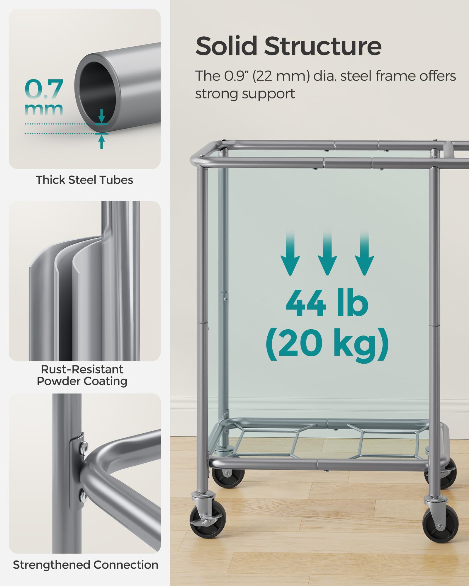 Songmics Laundry Basket With Wheels, 2-Section Rolling Laundry Hamper, 37 Gallons (140L), Removable Liner, Steel Frame With Hand