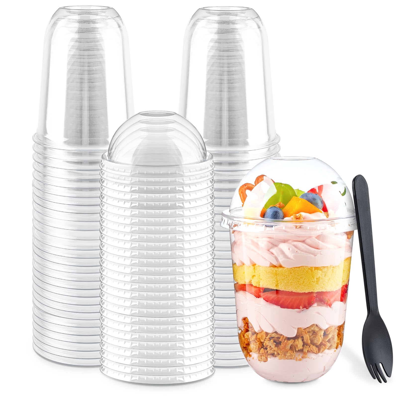 Zezzxu 50 Pack 16 Oz Plastic Dessert Cups With Dome Lids (No Hole) And Sporks, Disposable Yogurt Parfait Cups For Fruits, Ice Cr