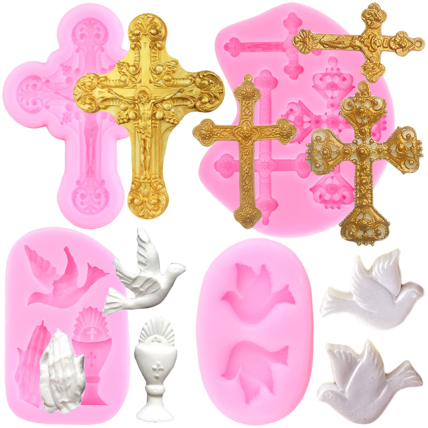 Mujiang Baptism Cake Decorations Cross Cake Mold Cross Silicone Mold Communion Dove Fondant Molds Praying Hand Mold For Baptism