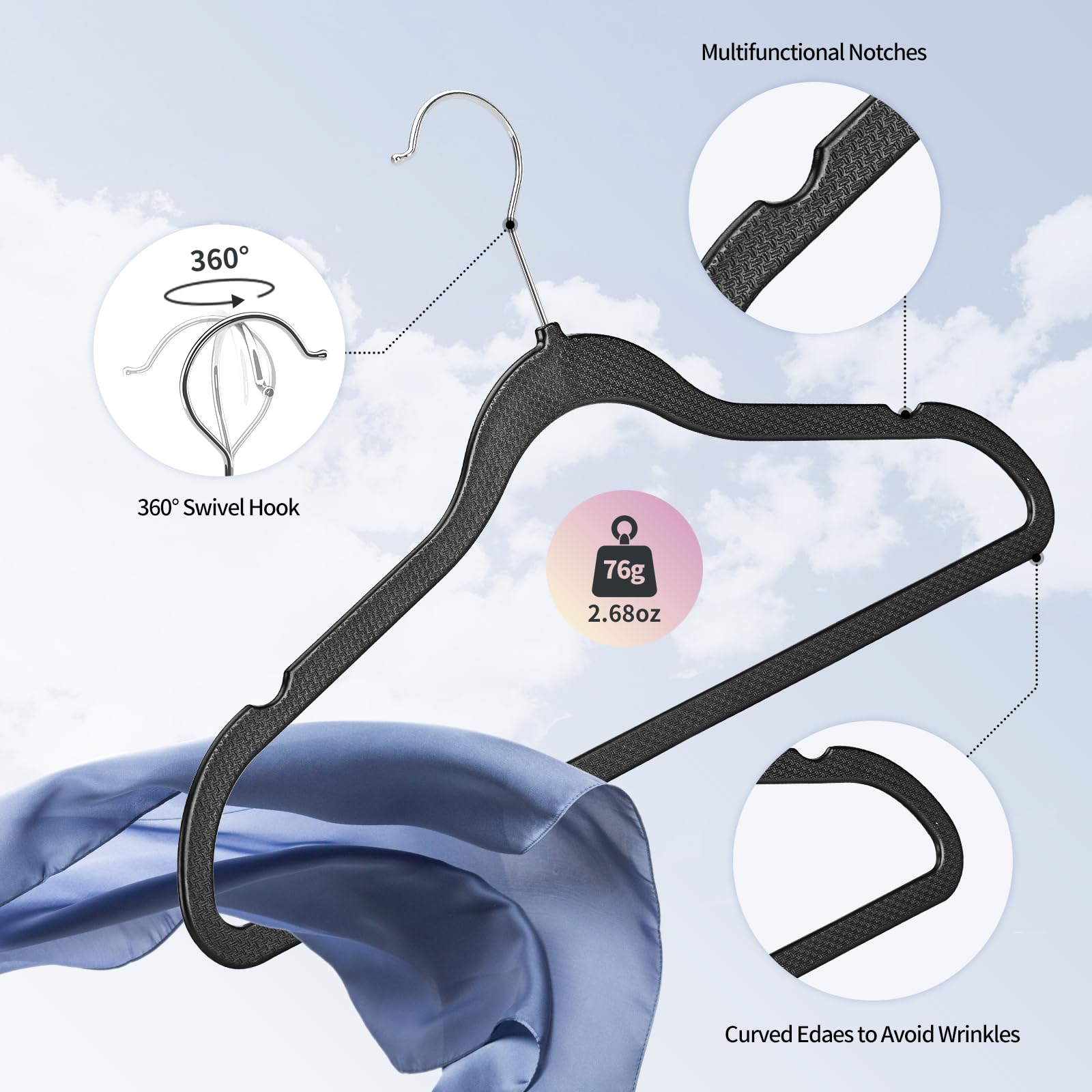 Plastic Coat Hangers 50 Pack - Space Saving Ultra Thin Non-Velvet Clothes Hangers With 360Rotating Hook - Heavy Duty Black Pant
