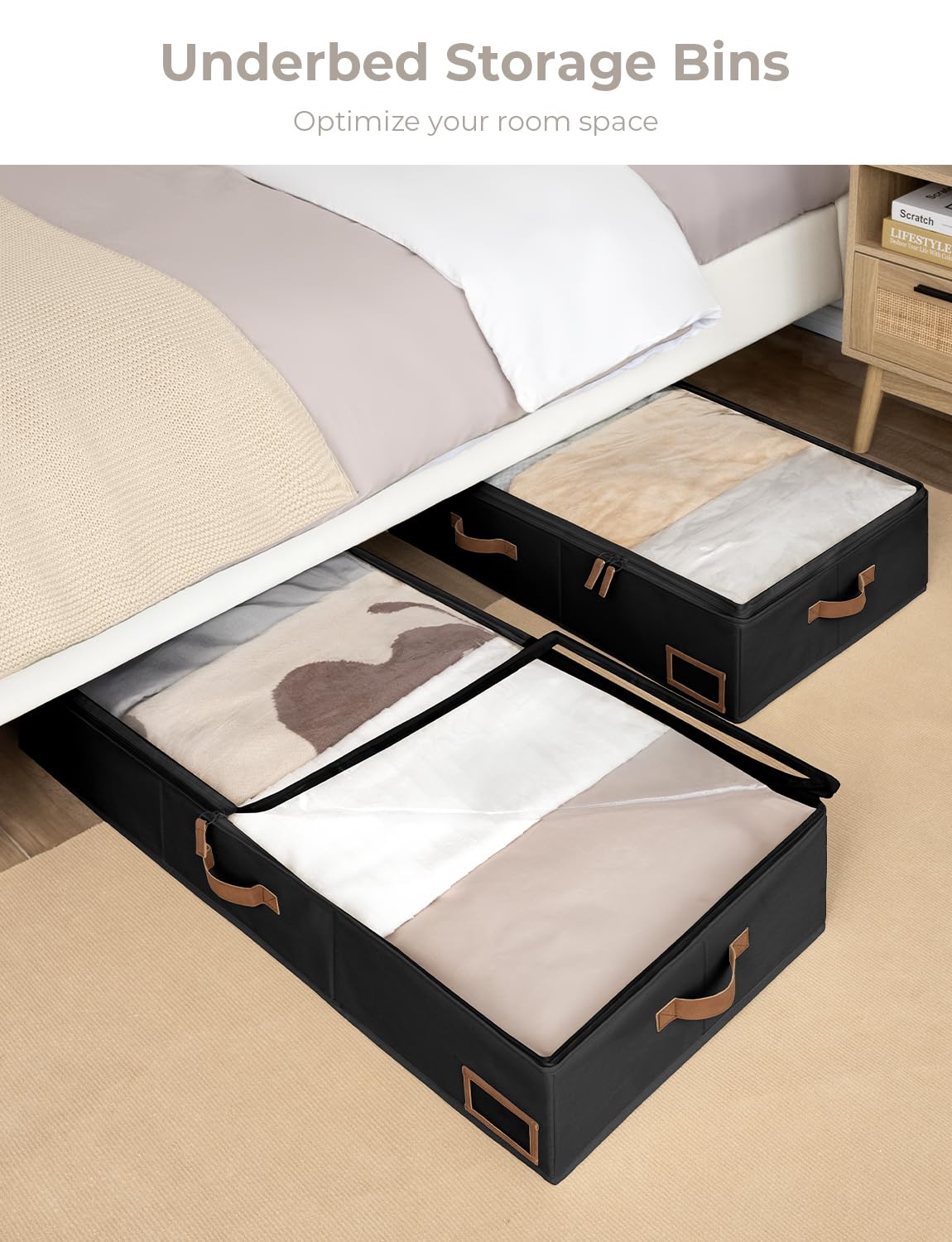 StorageWorks Underbed Storage Bins, Under Bed Storage Containers with Zippers, Closet Organizer for Clothes, Blankets, Black, Ju