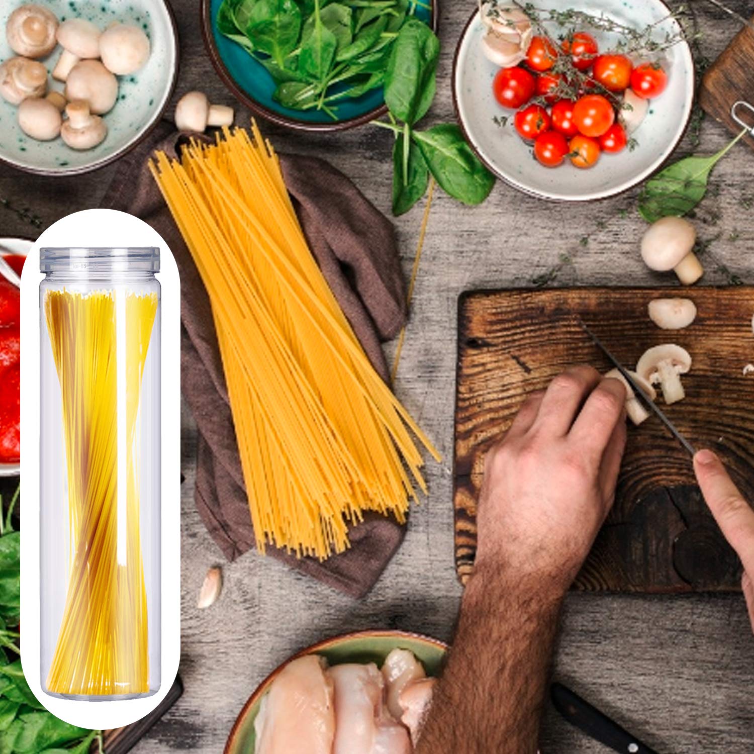 Feoowv Set Of 3Pcs Clear Plastic Food Storage Jar With Lid, Round Transparent Skinny Storage Container For Spaghetti, Pasta And