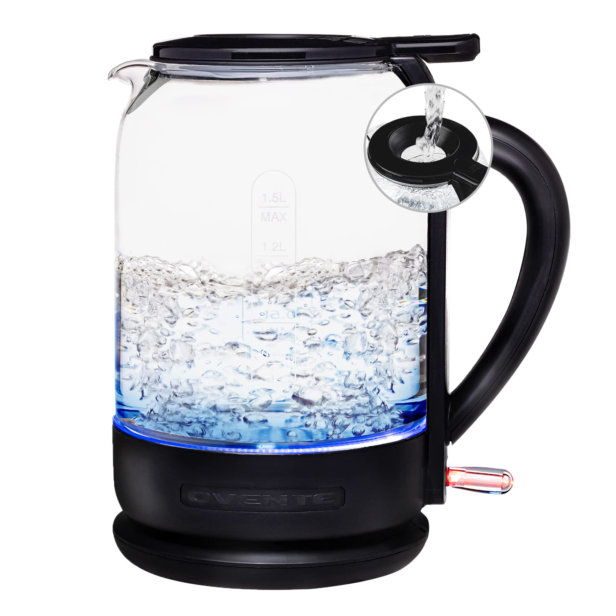Ovente Electric Glass Kettle 1.5 Liter 1500W Instant Hot Water Boiler Heater With Prontofill Tech, Boil-Dry Protection, Automati