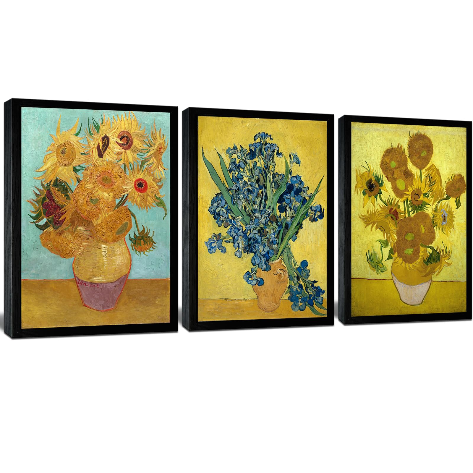 Black Framed Sunflower And Irises By Vincent Van Gogh Oil Paintings Reproduction Modern Floral Canvas Prints Artwork Flowers Pic