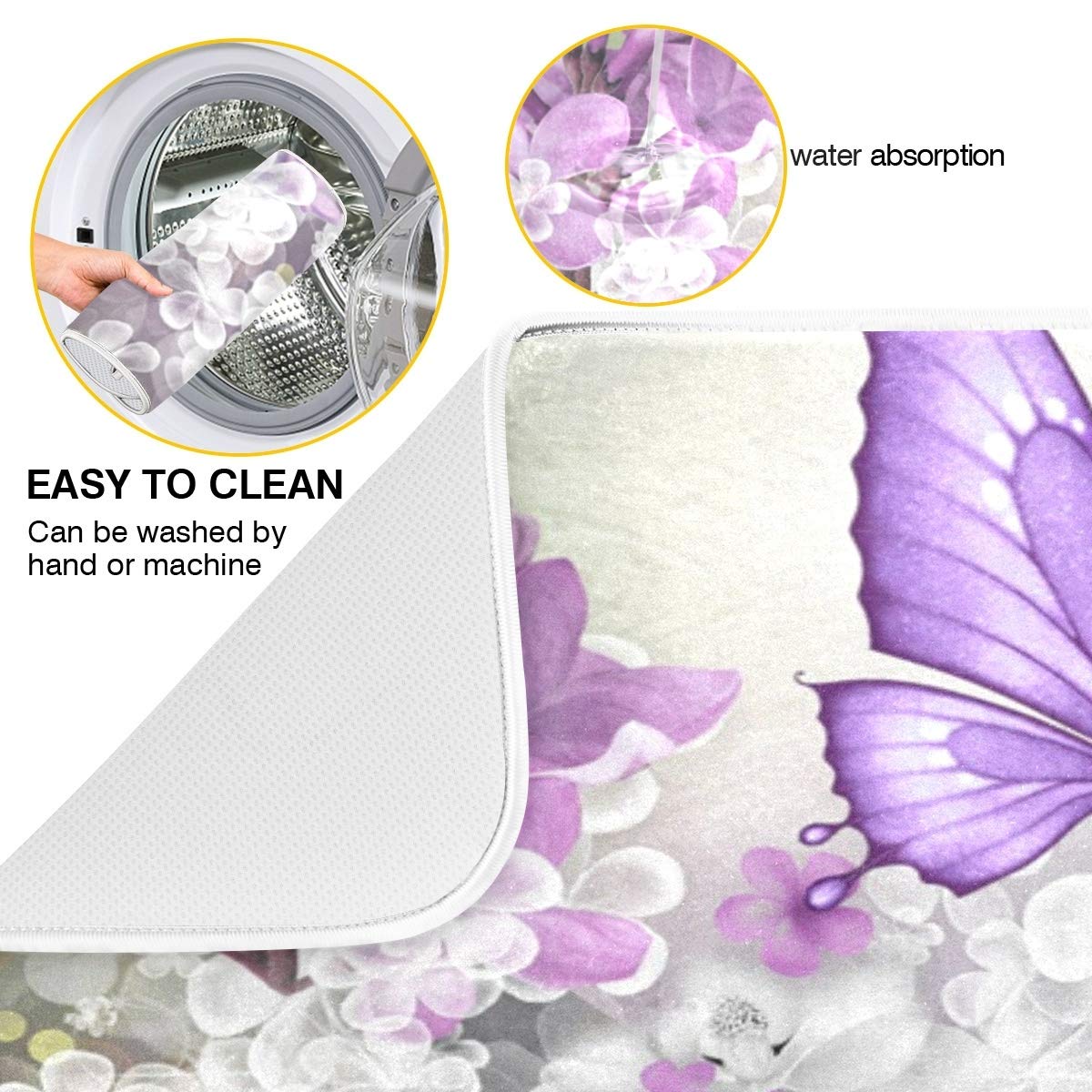 Butterflies Flowers Purple Dish Drying Mat For Kitchen, Absorbent Microfiber Drying Pad Dish Mat, 16'' X 18''