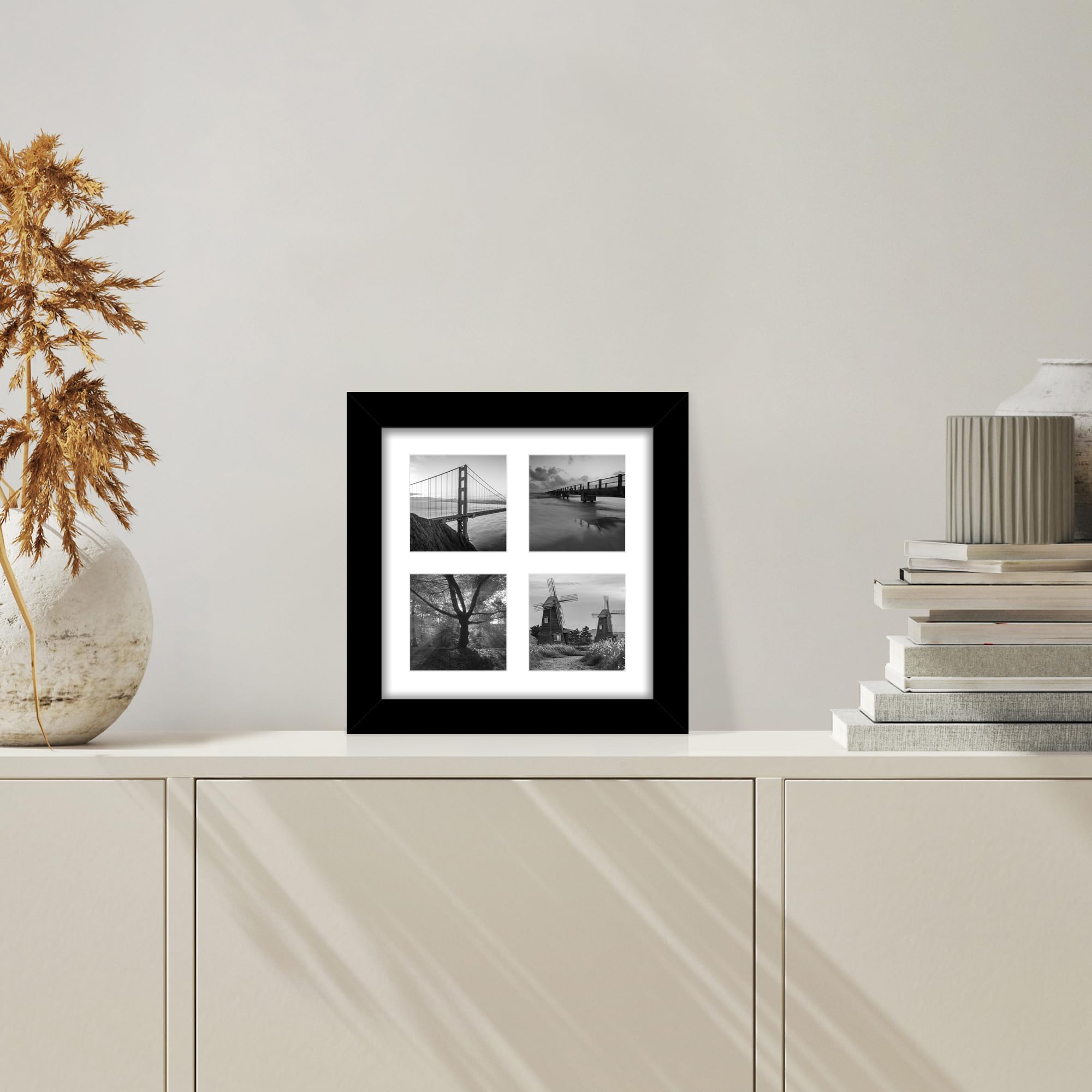 Hongkee 8x8 Picture Frame Set of 2, with Glass and Black Wood Frames, Display Collage Four Opening 3x3 With Mat or 8 x 8 Without