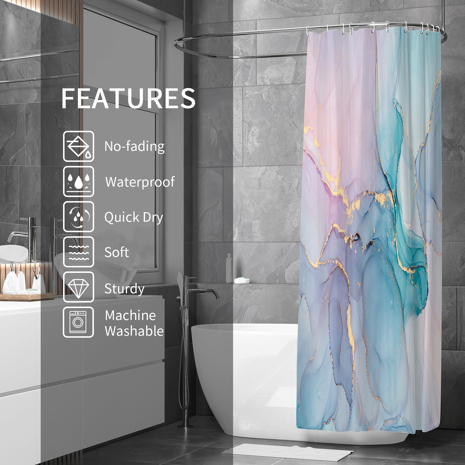 Gibelle Abstract Marble Shower Curtain, Watercolor Pink Turquoise Shower Curtain For Bathroom, Modern Ink Art Decor Waterproof F