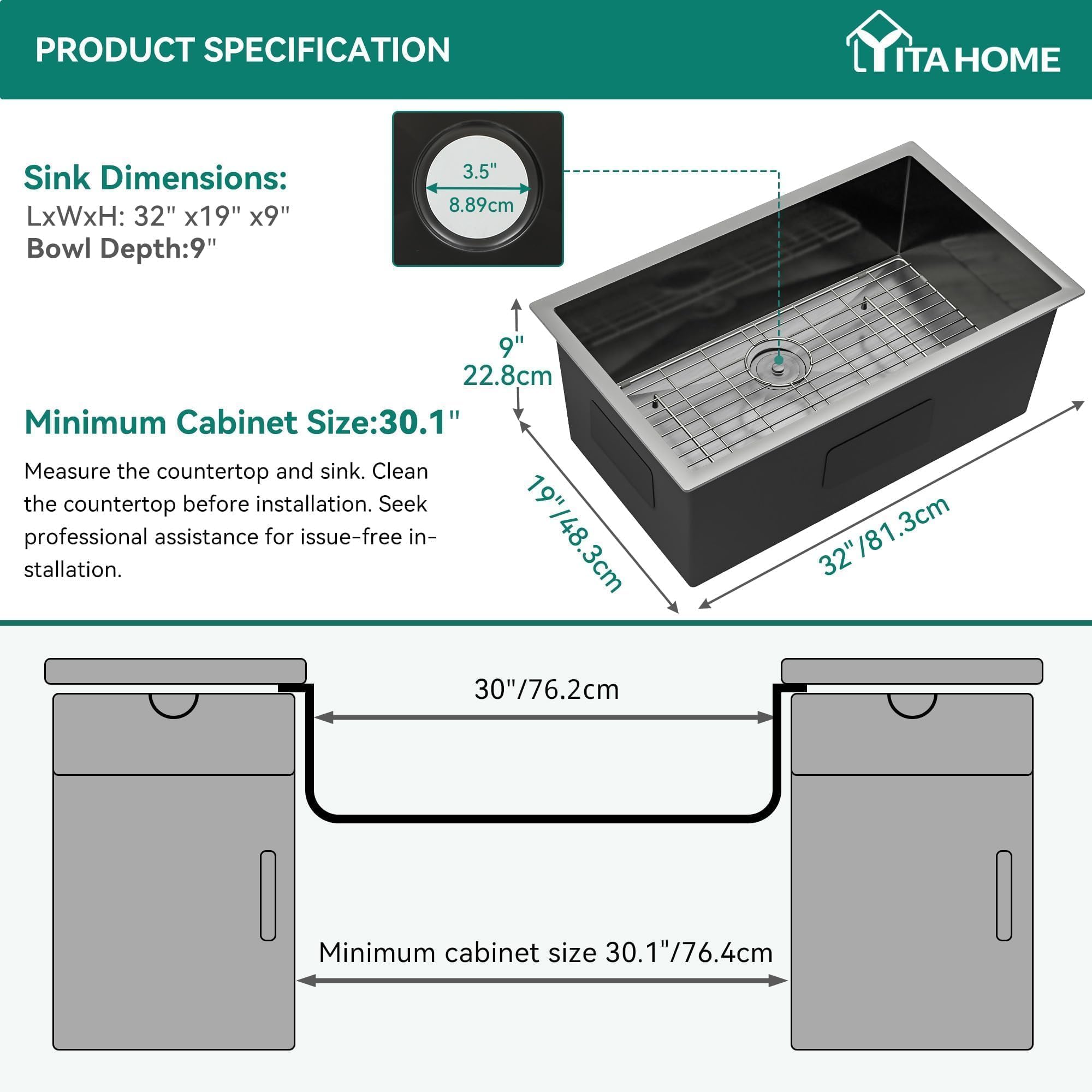 Yitahome Black Kitchen Sink 32In Undermount Sink Single Bowl 16 Gauge Stainless Steel Nano Gunmetal Black Sink With Accessories