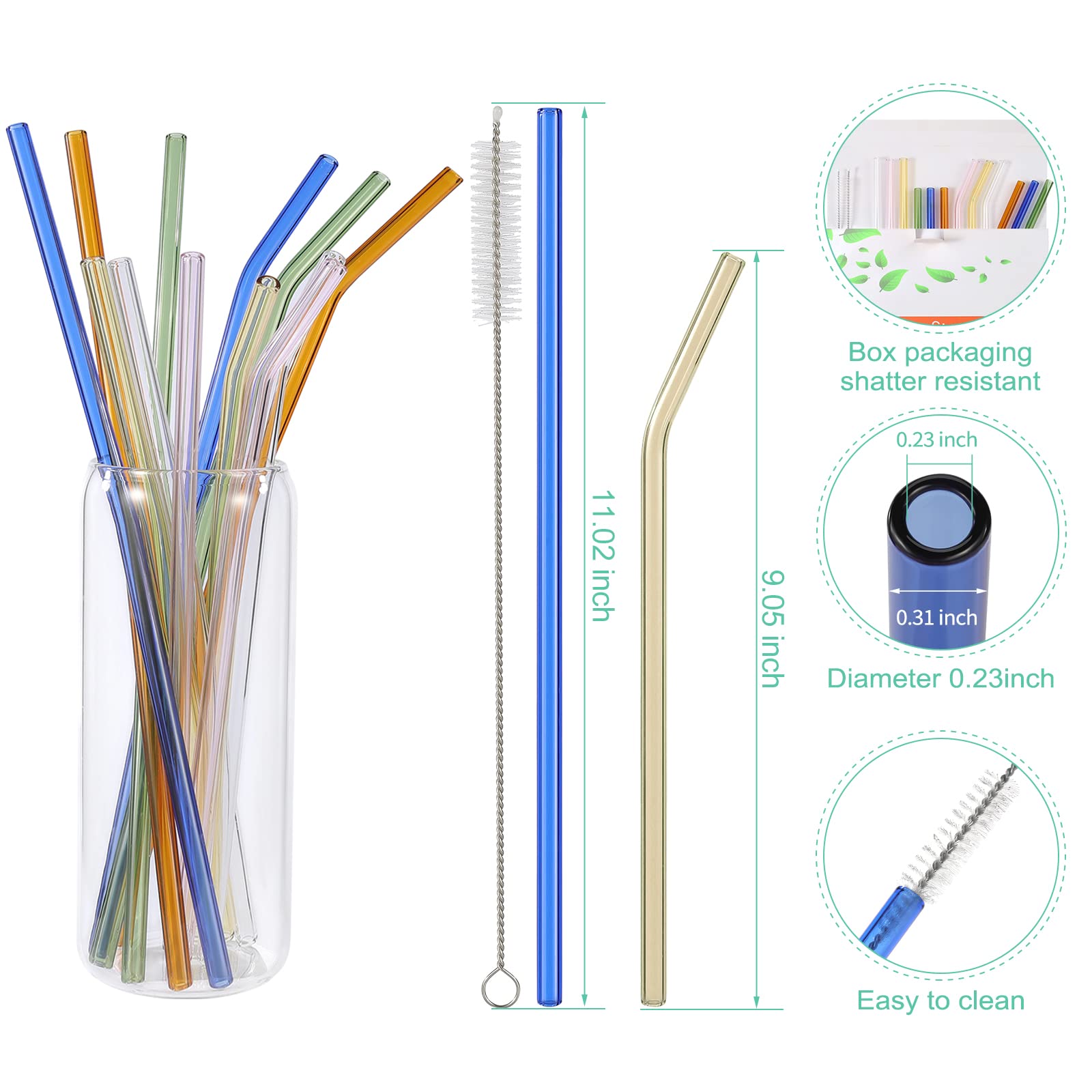 [12 Pcs] Reusable Colorful Long Glass Straws - 11'' X 8Mm And 9'' X 8Mm Shatter Resistant Each Including 3 Straight And 3 Bent W