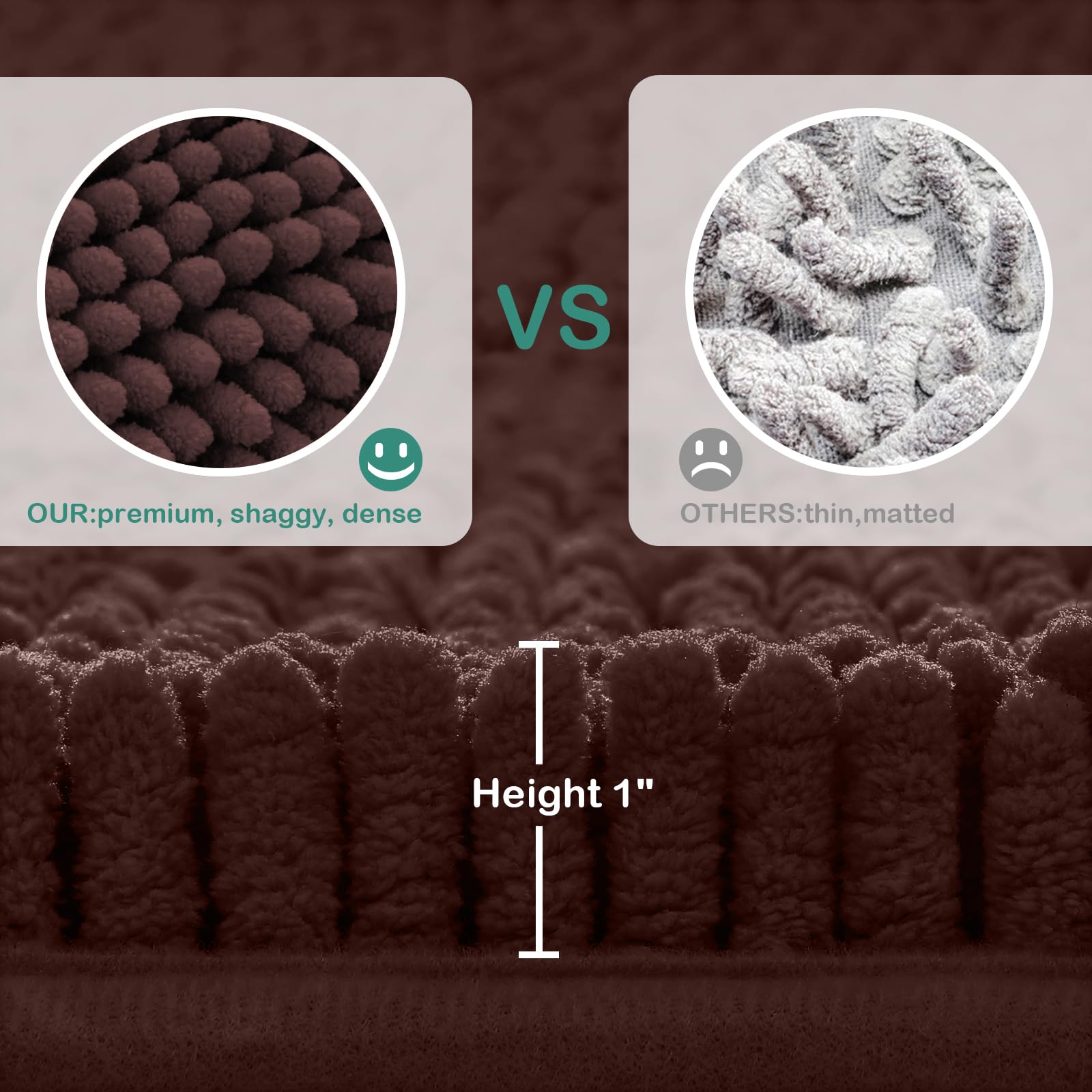 Homeideas Bathroom Rugs Set 2 Pieces, Ultra Soft Non Slip Absorbent Chenille Toilet Bath Mat Set (Brown)