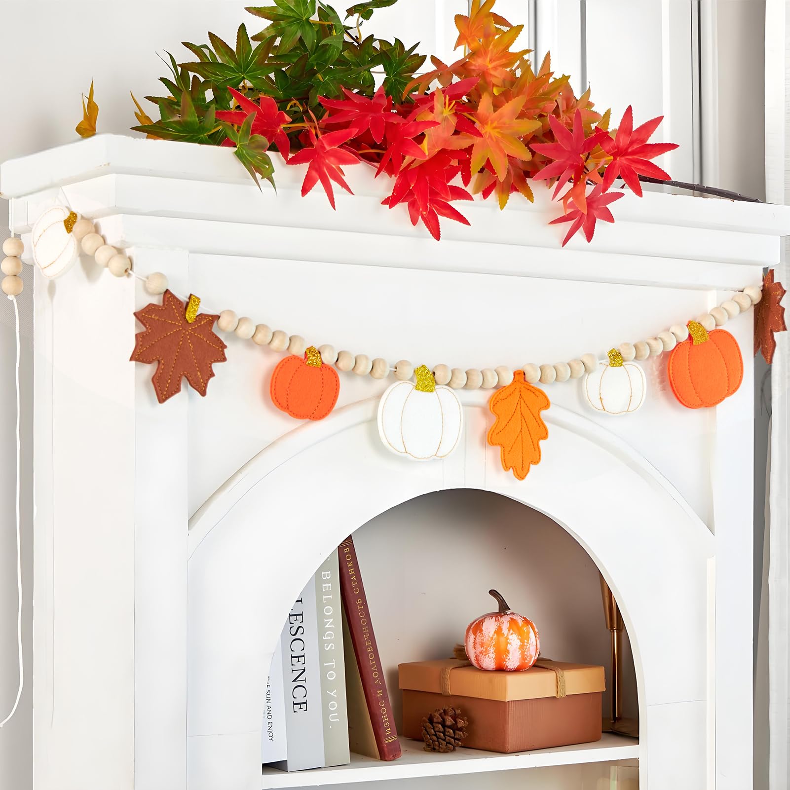Fall Decorations for Home Felt Pumpkin Garland and Wood Bead Felt Pumpkins Hanging Garland Maple Leaf Banner for Thanksgving Dec