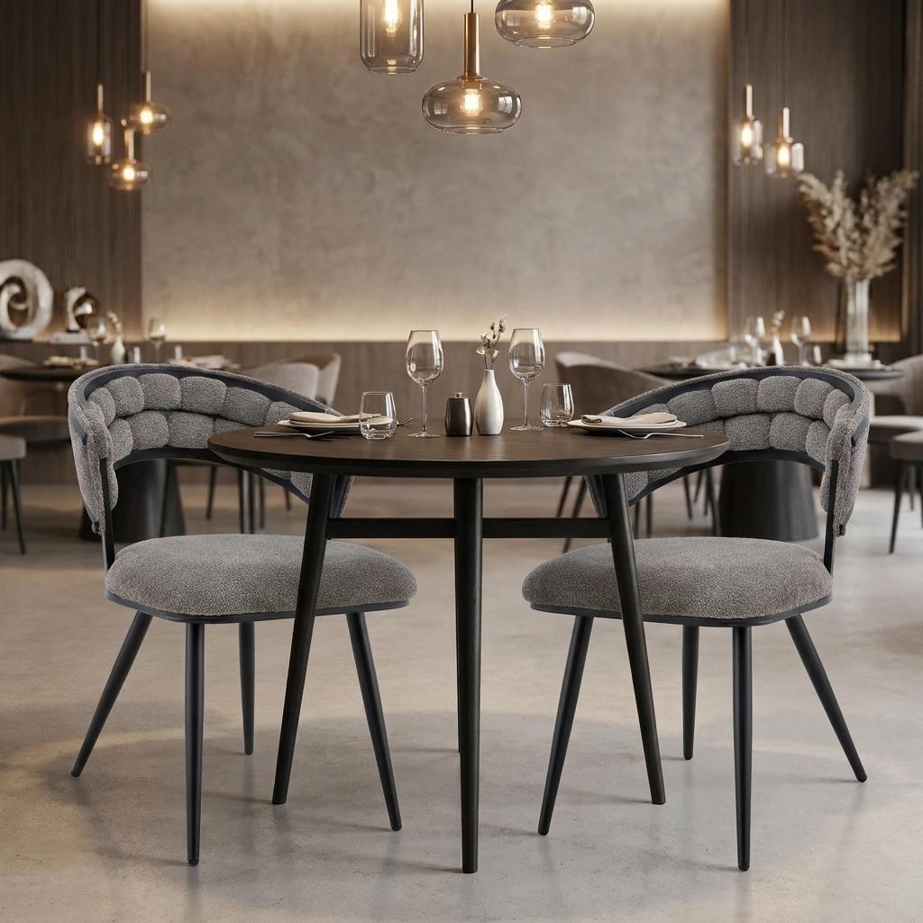 Set of Two Gray And Black Tufted Chenille And Metal Dining Side Chairs