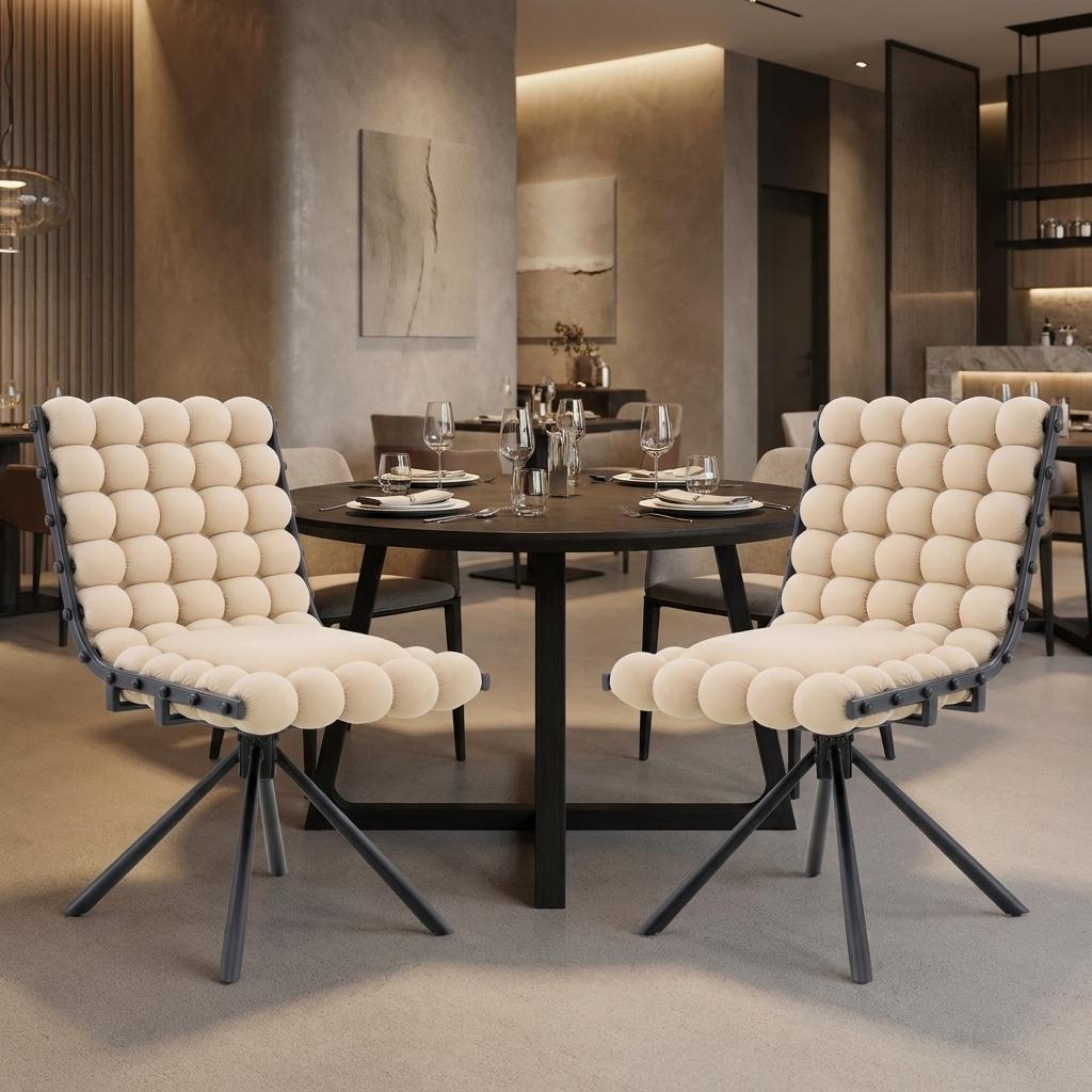 Set of Two Beige and Black Bubble Tufted Microfiber Dining Side Chairs