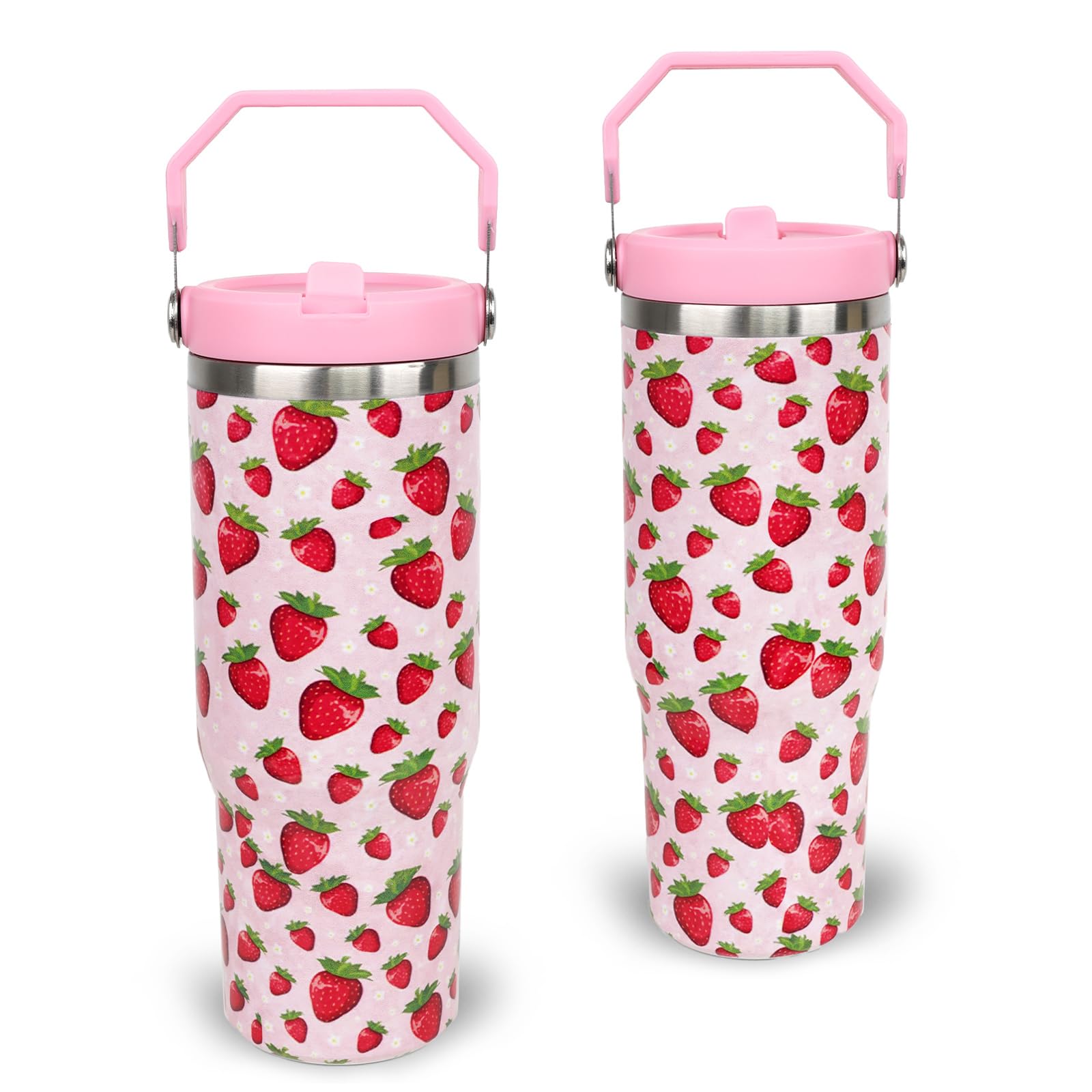 Xuehuapiaopiao 30 Oz Tumbler With Handle Flip Straw Leak Proof  Strawberry Cup 30Oz Tumbler Travel Coffee Mug With Handle  Bir