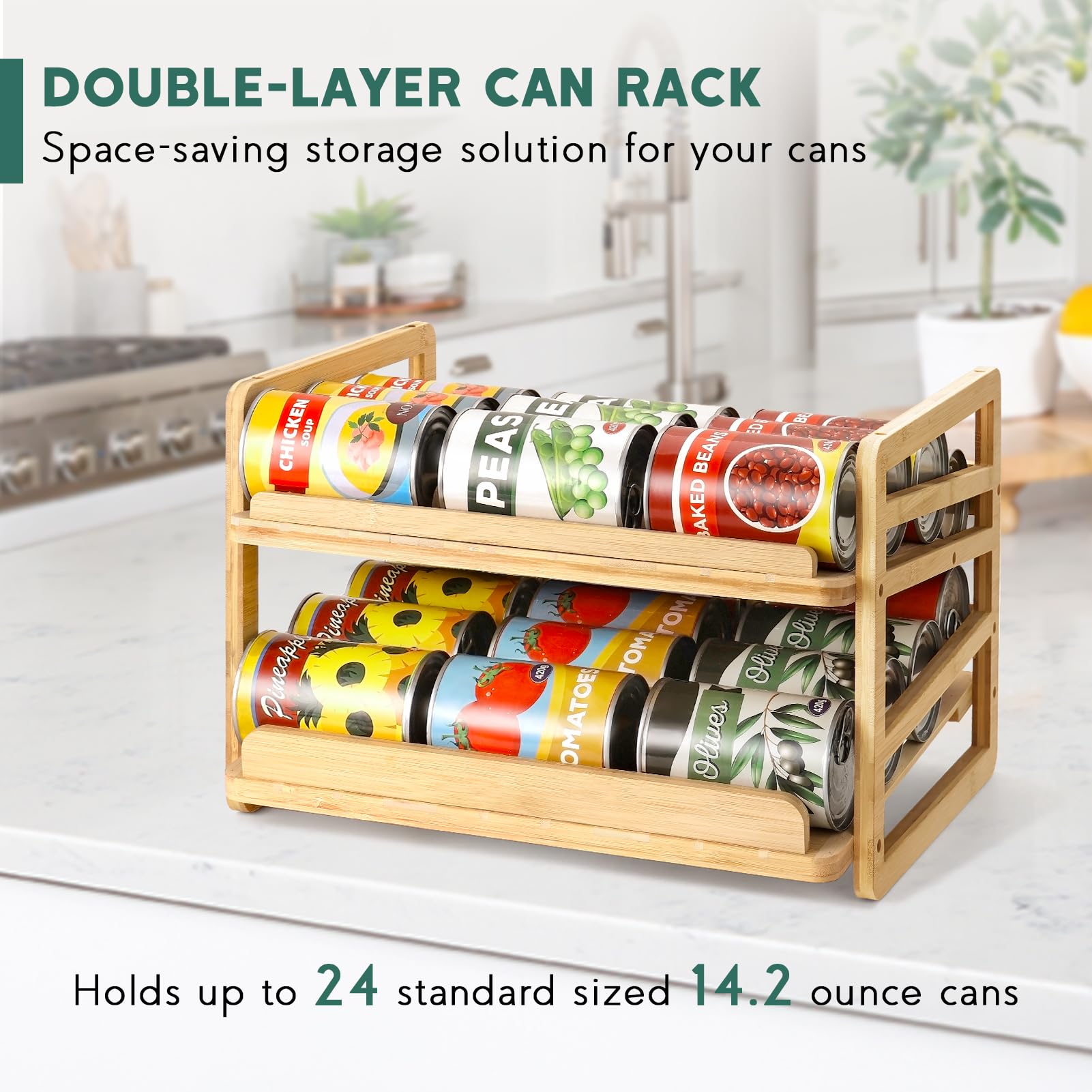 Yumkfoi Rolling Bamboo Can Organizer Rack, Stackable Double-Layer Can Organizers And Storage For Pantry, Canned Goods Holder Dis