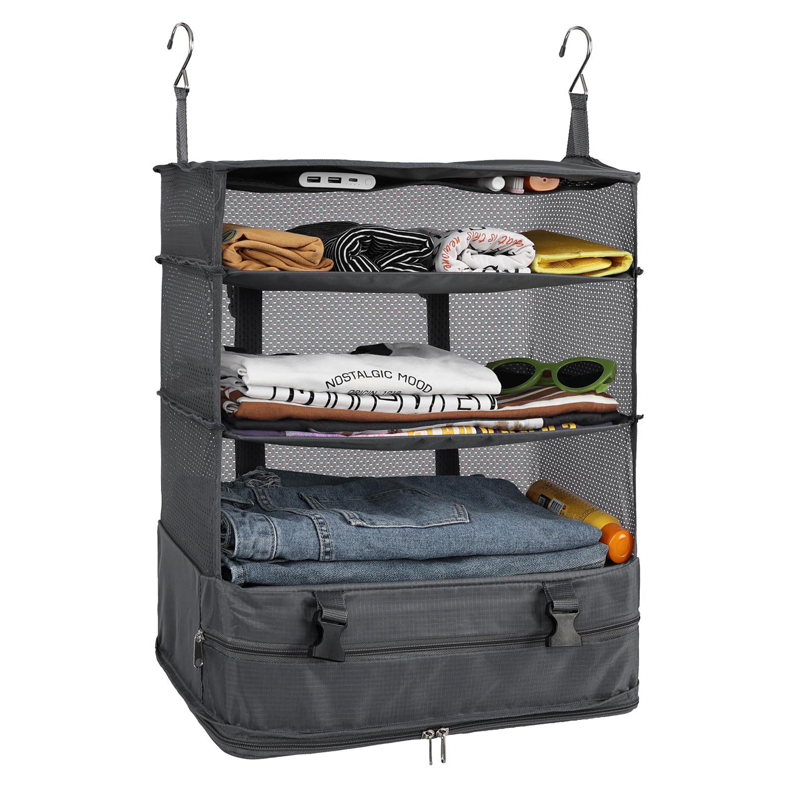 Surblue Hanging Closet Storage Bag Collapsible 3-Shelf Washable Oxford Fabric With 2 Hooks (Xl 17.71 * 11.81 * 20In, Grey)