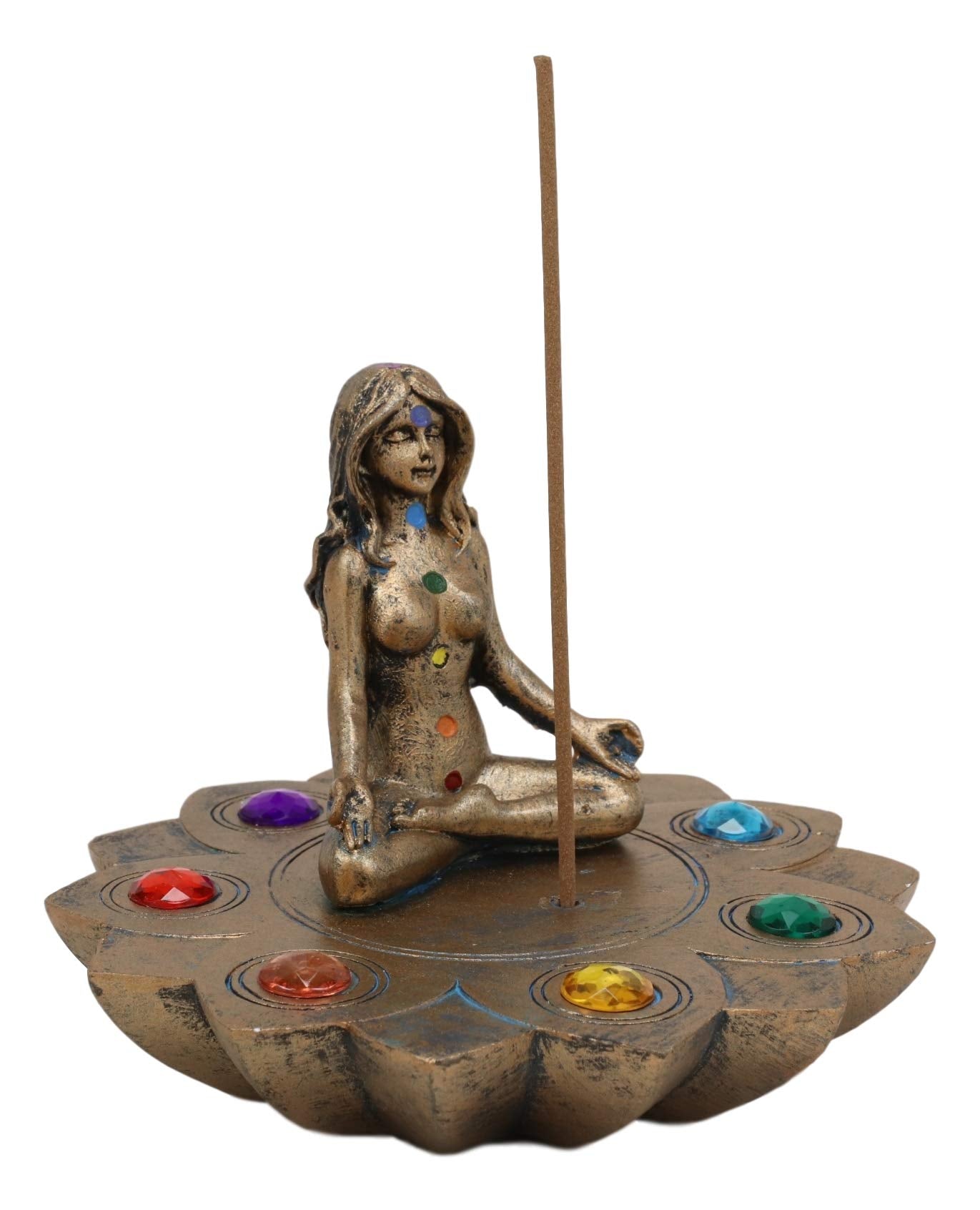 Ebros Gift Sacred Moon Feminine Triple Goddess Yoga Meditation with Chakra Zone Color Beads Lotus Flower Incense Stick Holder Bu