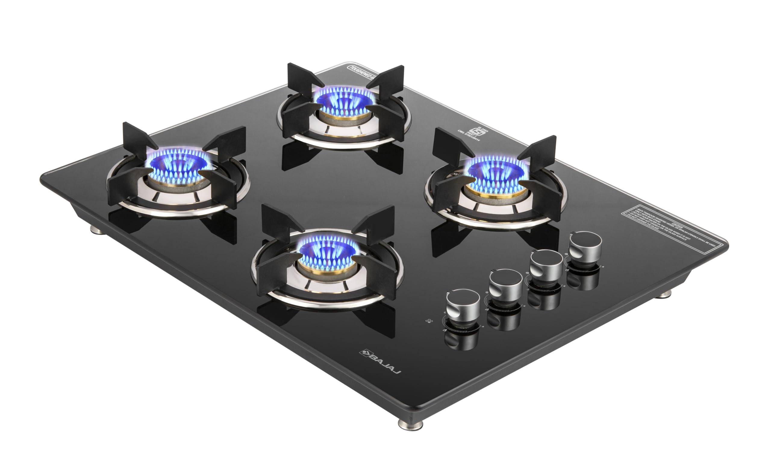 Bajaj Dual Hob Top & Gas Stove 4 Burners | 8 Mmtoughened Glasstop | Smart Swivel Nozzle | Stainless Steel Driptray | Brass Burne