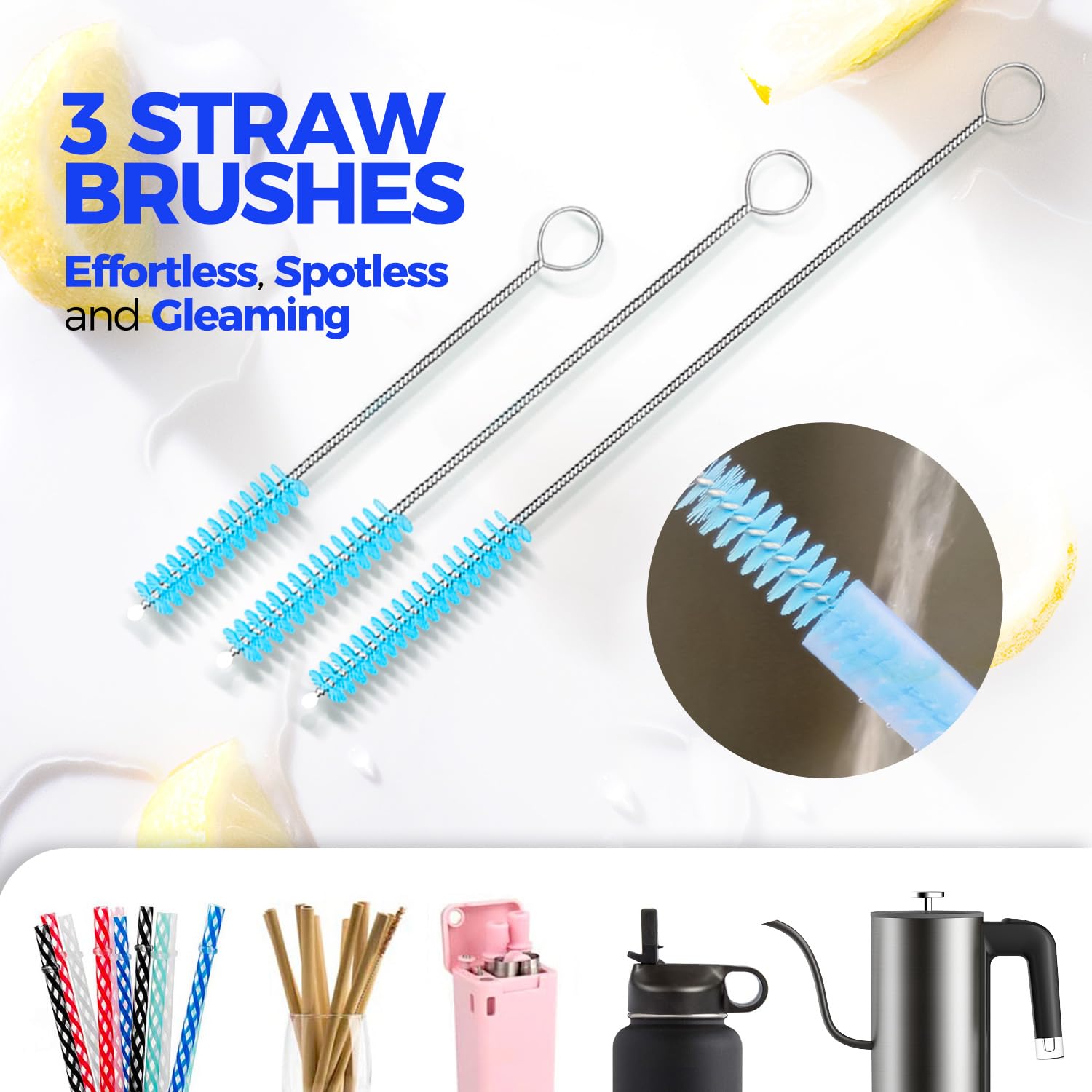 Holikme 6 Pack Bottle Brush Cleaner Set  14'' Long Handle Stainless Steel Bottle Cleaner Brush  3 Straw Brushes  Portable 3-in-1 Bottle Cleaning Brush for Water Bottle  Cups  Baby Bottle  Straws Blue