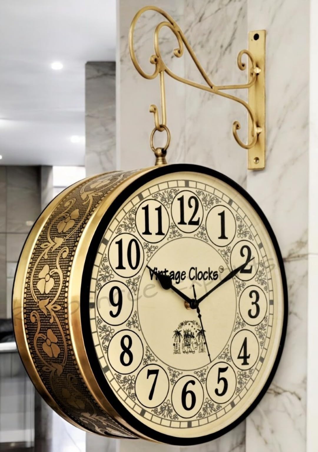 Vintage Clock Metal Handcrafted Brass Finish Double Side Railway Station Analog Clock One Side English Other Side Roman Number (