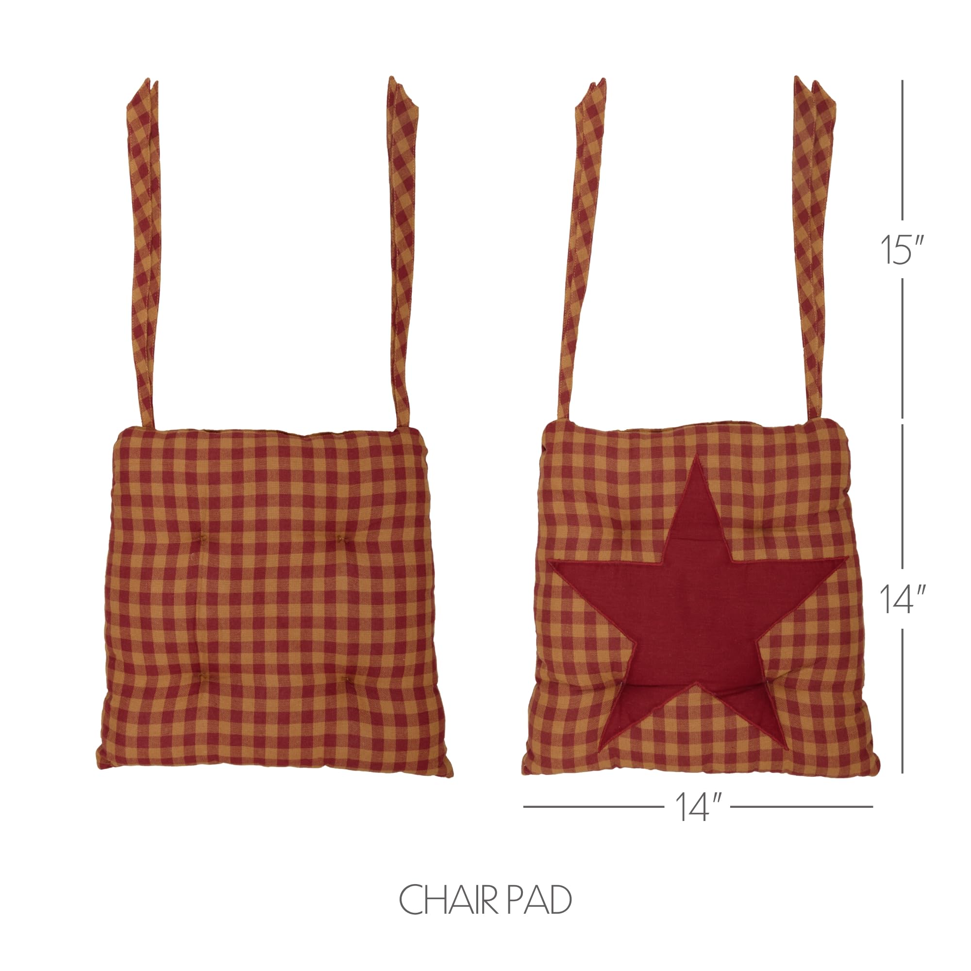 Vhc Brands Star Cotton Primitive Tabletop Kitchen Tie Back(S) Appliqued Square Chair Pad, King, Burgundy Red, 14 Inches