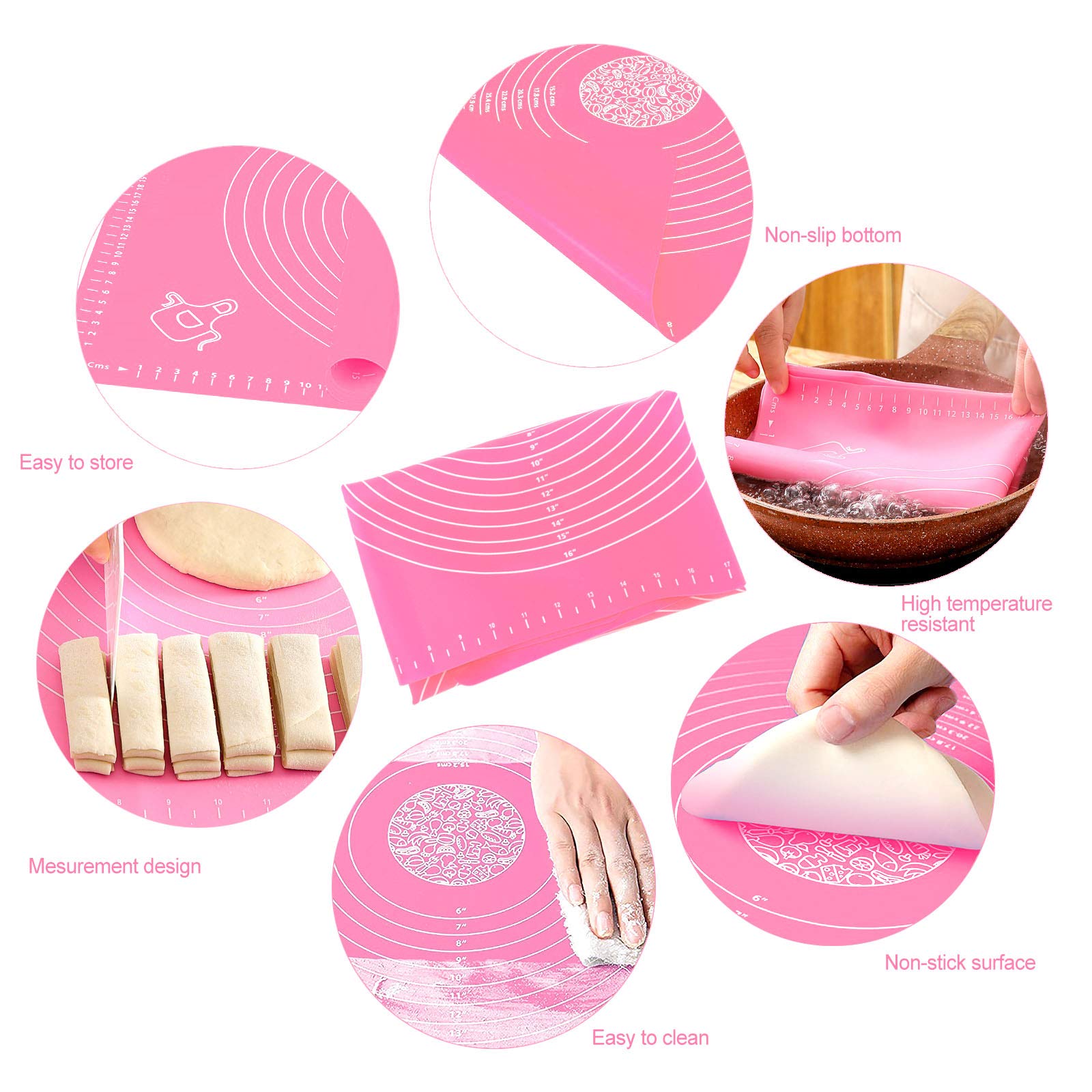 Silicone Pink 70X50Cm Baking Mat Sheet Pastry Mat With Measurement, Non-Slip Pastry Rolling Mat, Non-Stick Dough Kneading Board