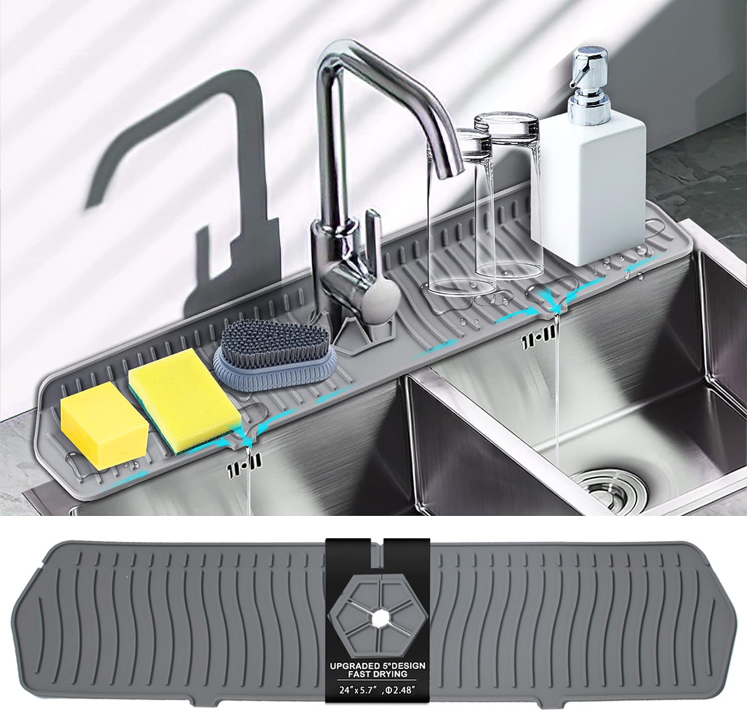 Aynuma Kitchen Faucet Sink Splash Guard, 24'' X 5.6'' Upgrade Silicone Faucet Water Catcher Mat, Sink Draining Pad Behind Faucet