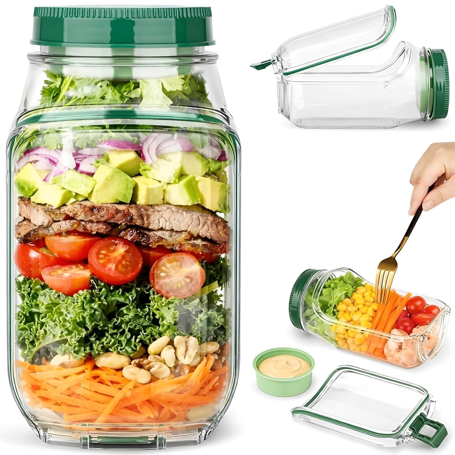 Aiyjq Portable Salad Jar Lunch Container With Leak Proof Lid, Reusable Clear Food Storage Jar For Salads Fruits Snacks & Meal Pr