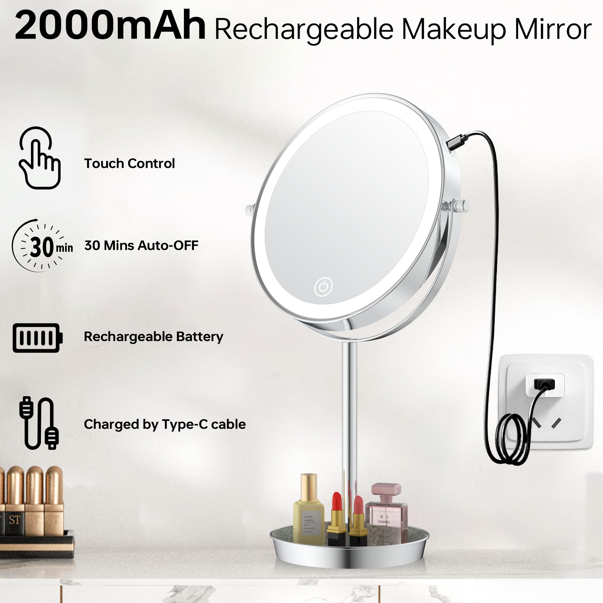Lansi 8'' Lighted Makeup Mirror With Lights And Magnification,1X/10X Magnifying Mirror With Light,Vanity Mirror With Jewelry Hol