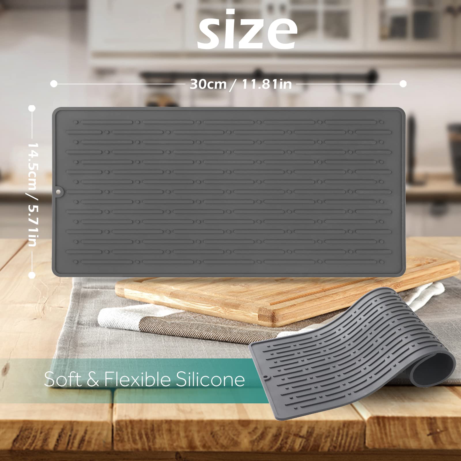 Geeric Dish Drying Mats, Heat-Resistant Silicone Mat For Kitchen Counter, Non-Slip Dish Dry Mat Dishwasher Safe Medium, Gray