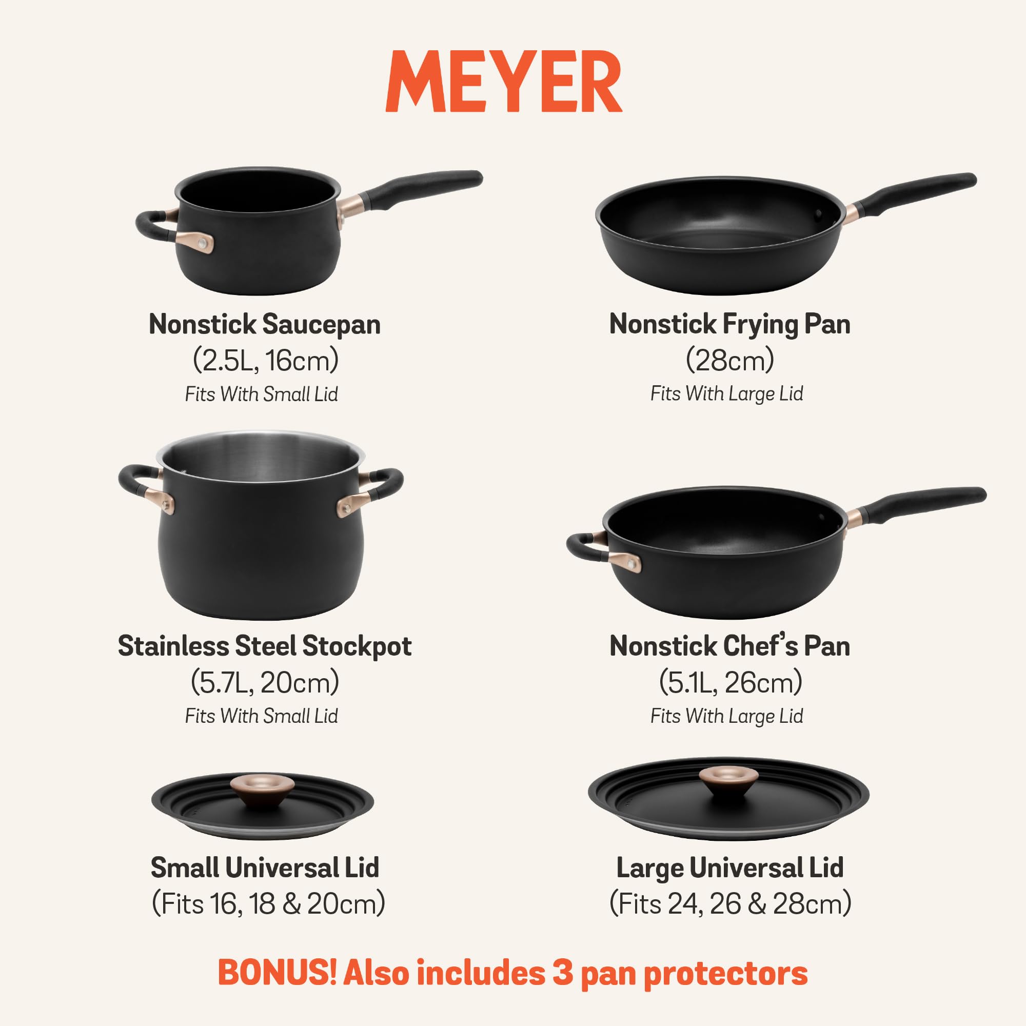 Meyer Accent Series - Hard Anodized Nonstick and Stainless Steel Pots and Pans / Essential Cookware Set, 6 Piece, Matte Black