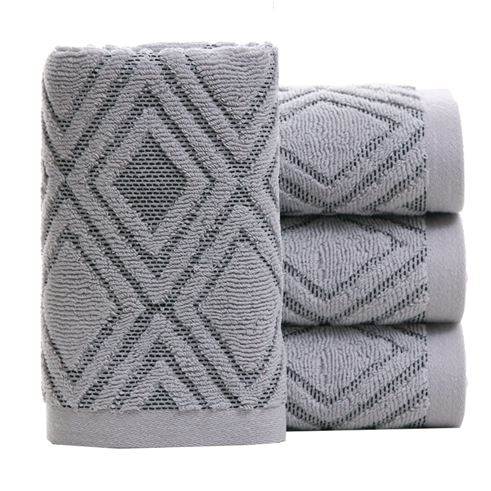 Pidada Hand Towels Set Of 4 Diamond Pattern 100% Cotton Absorbent Soft Decorative Towel For Bathroom 13.4 X 29.5 Inch (Gray)