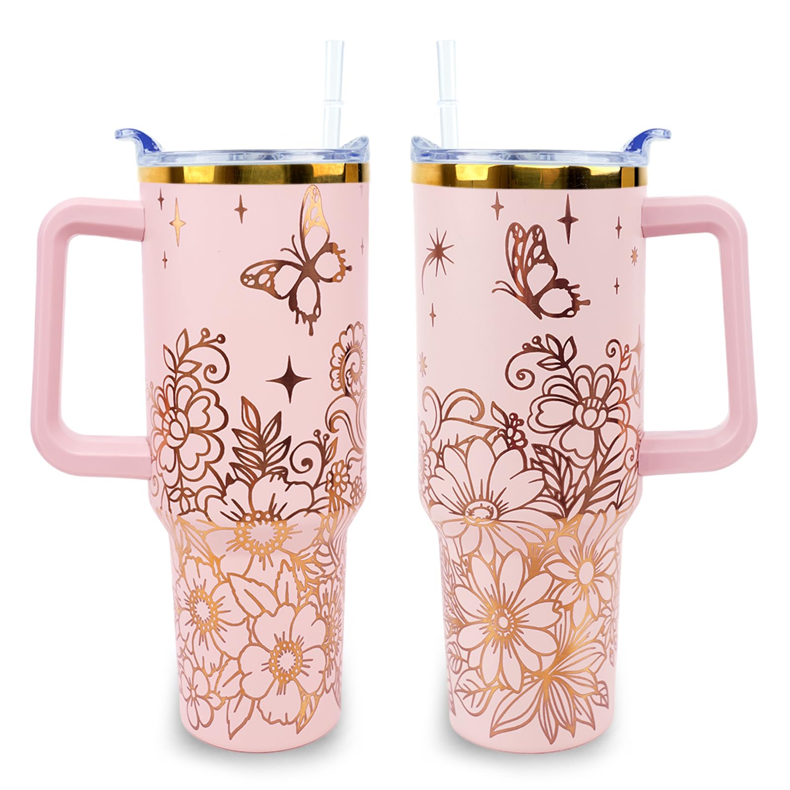 Floral Tumbler 40 oz Tumbler with Handle and Straw Lid Leak Proof Laser Engraved Flower Coffee Mug Travel Cup Insulated for Hot 
