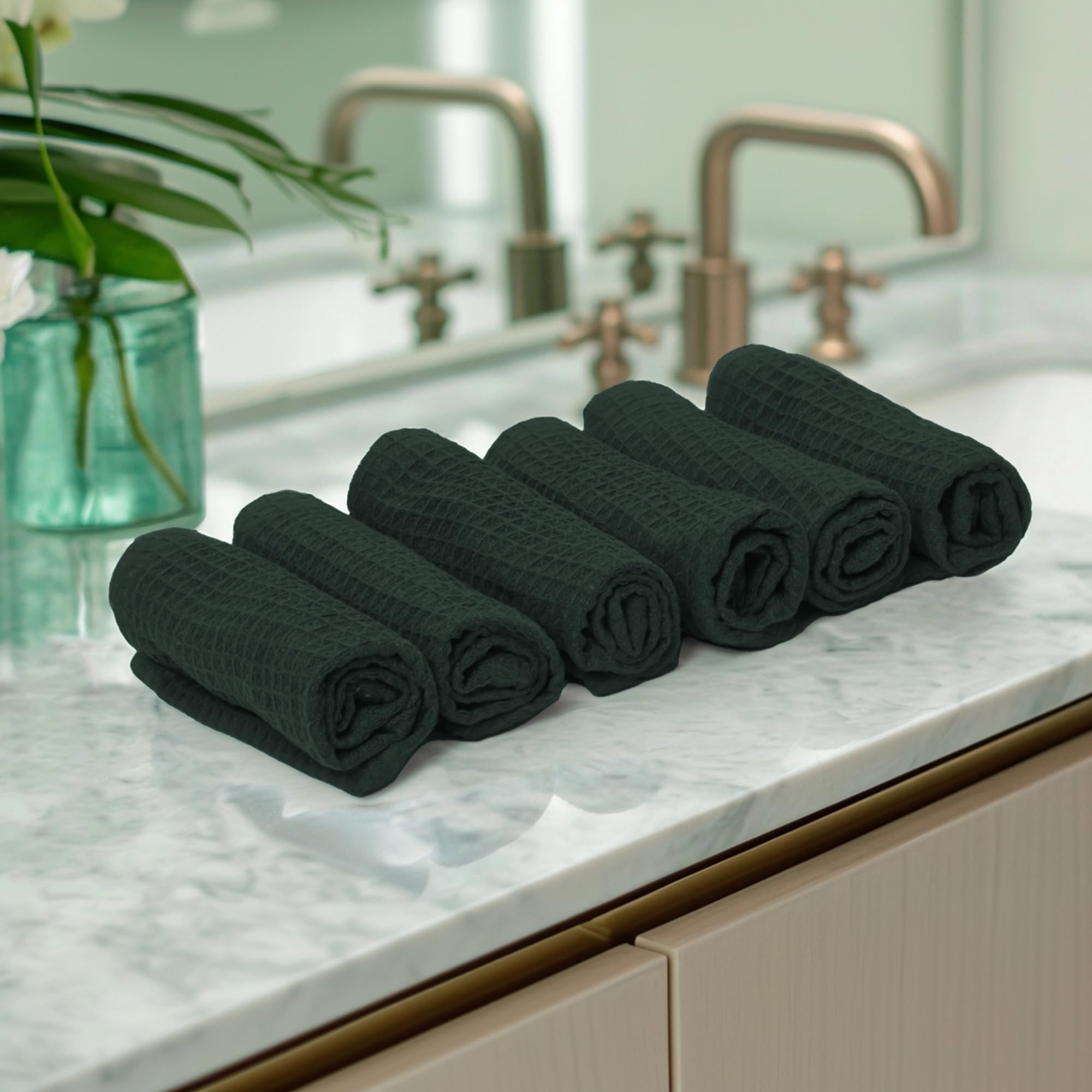 Encasa Xo Face And Hand Towels For Bath, Gym - 30X30 Cm | Green | Set Of 6 - Quick Dry Waffle Weave Face Cloths - Reusable Dishc