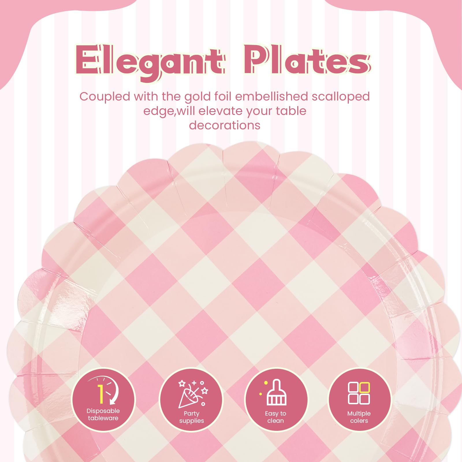 50Pcs Light Pink Scalloped Paper Plates - 7Inch Striped Dessert Plates For Cake Salad Fruit Disposable Decorative Dinner Dessert