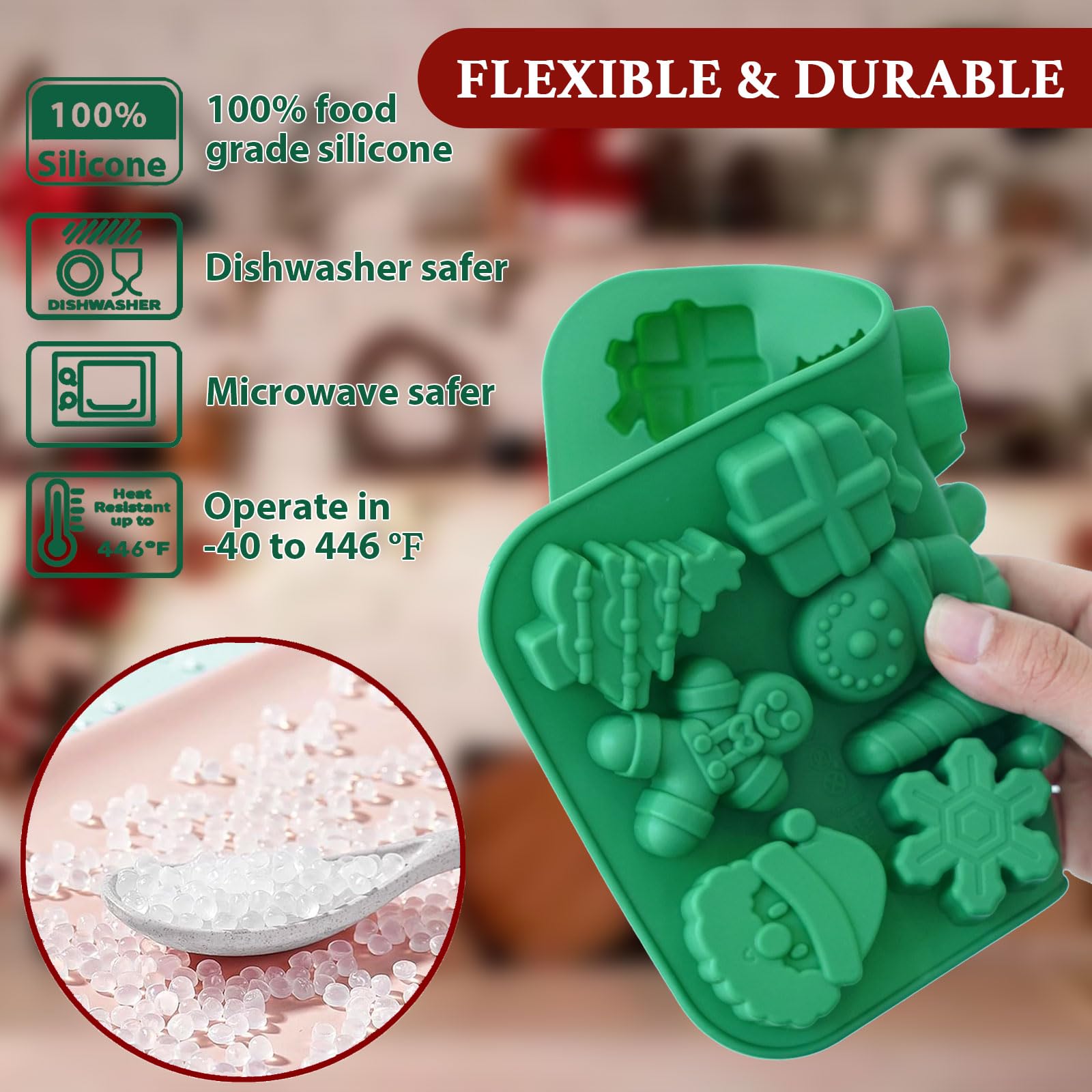 HKNMTT Christmas Silicone Chocolate Molds, 4 PCS Candy Baking Moulds, 3D Snowflake Cane Snowman Xmas Tree Gingerbread Man Santa