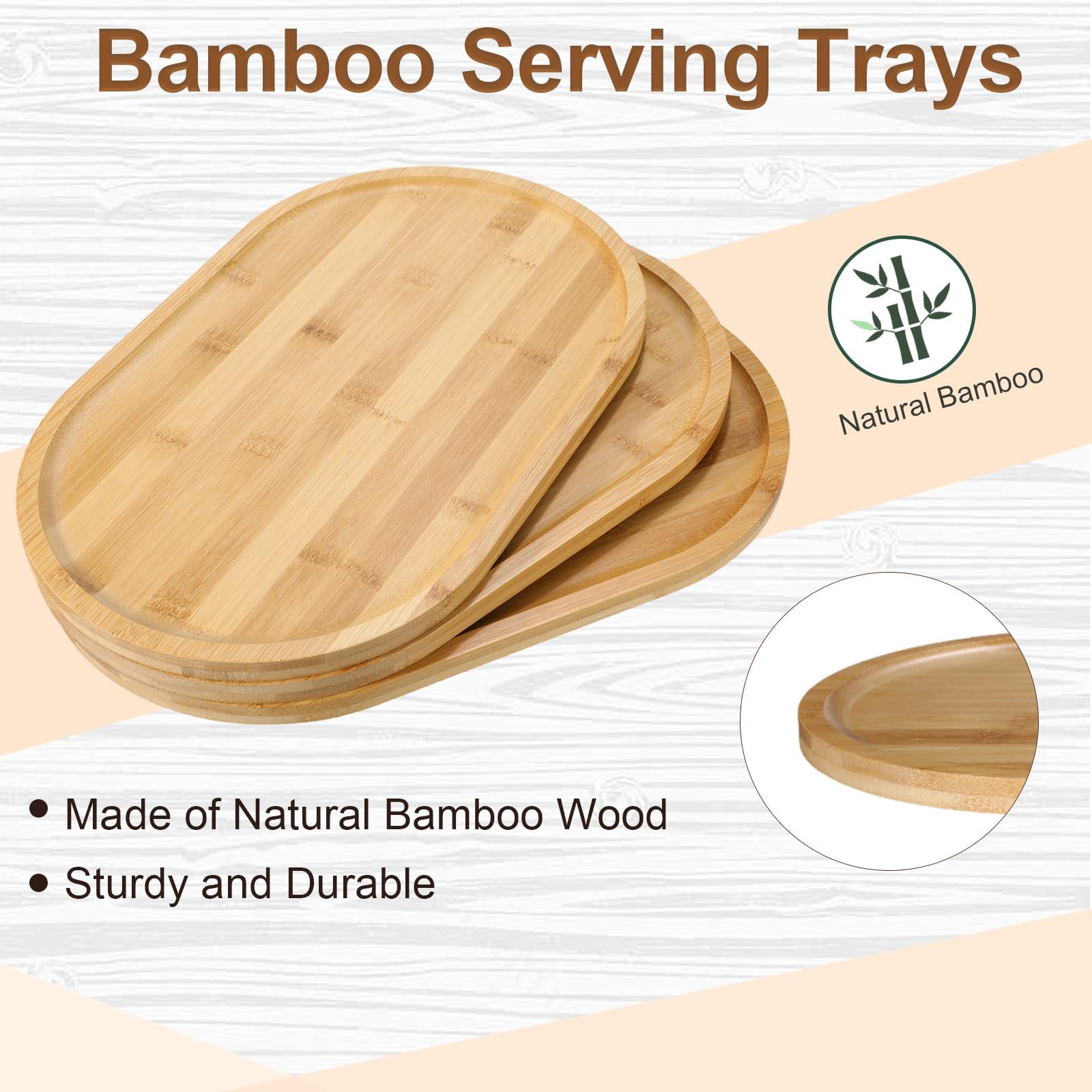 Tanlade 4 Pieces Bamboo Oval Serving Tray, 16 X 10 Inch, Rustic Wooden Trays For Crafts, Desserts, Tea, Coffee, Candy