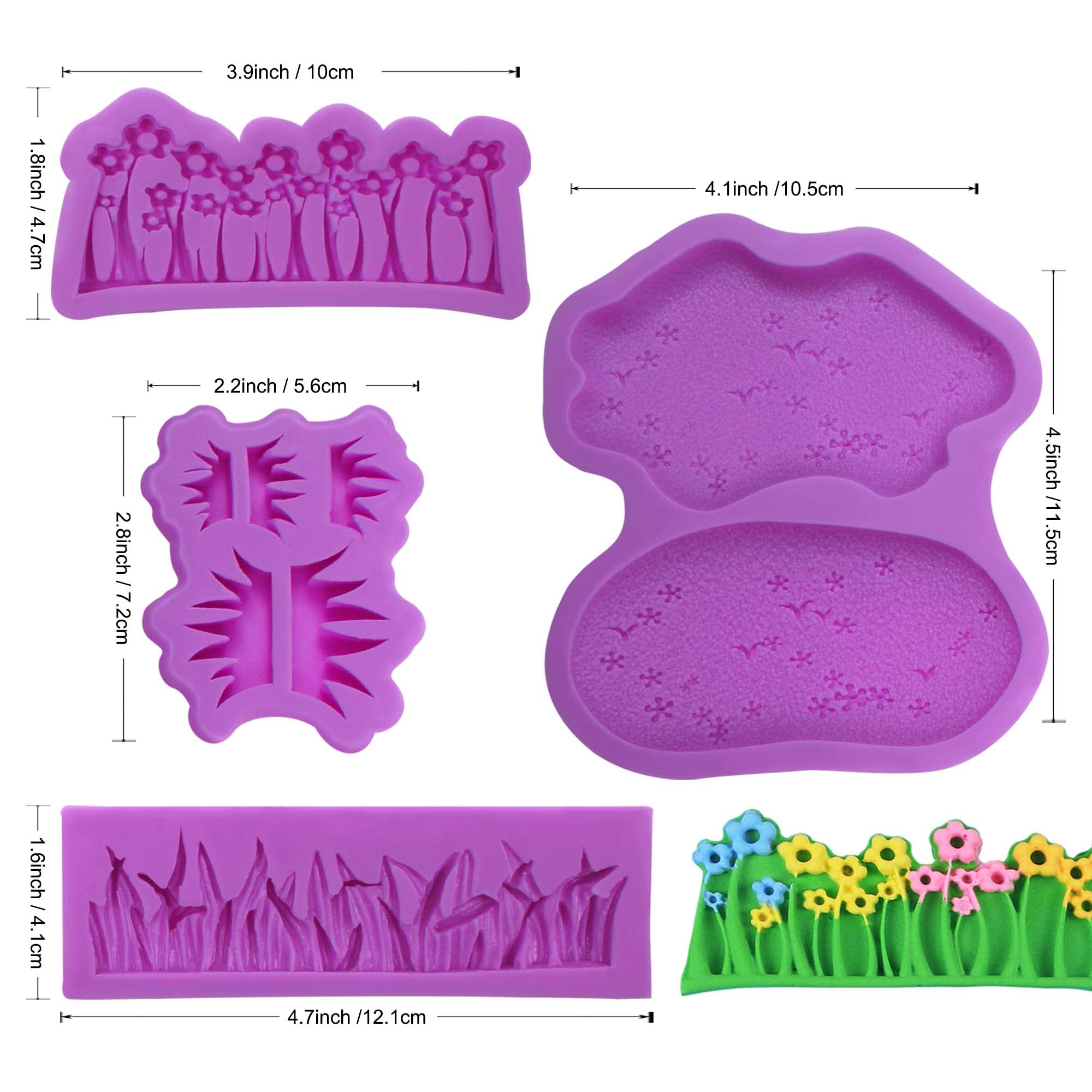 Grass Silicone Chocolate Molds, 4 Packs Stone Flowers Fondant Mold For Garden Cake Decoration, Cupcake Toppers, Clay, Brick Text