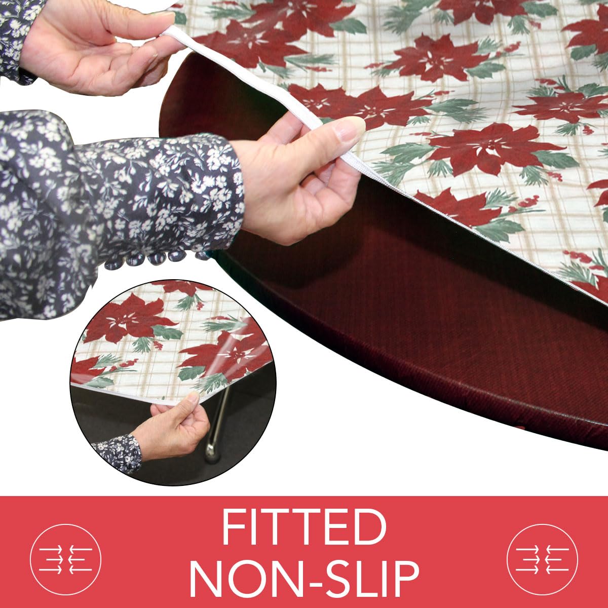 Covers For The Home Deluxe Elastic Edged Flannel Backed Vinyl Fitted Table Cover - Christmas Flower Pattern - Small Round - Fits